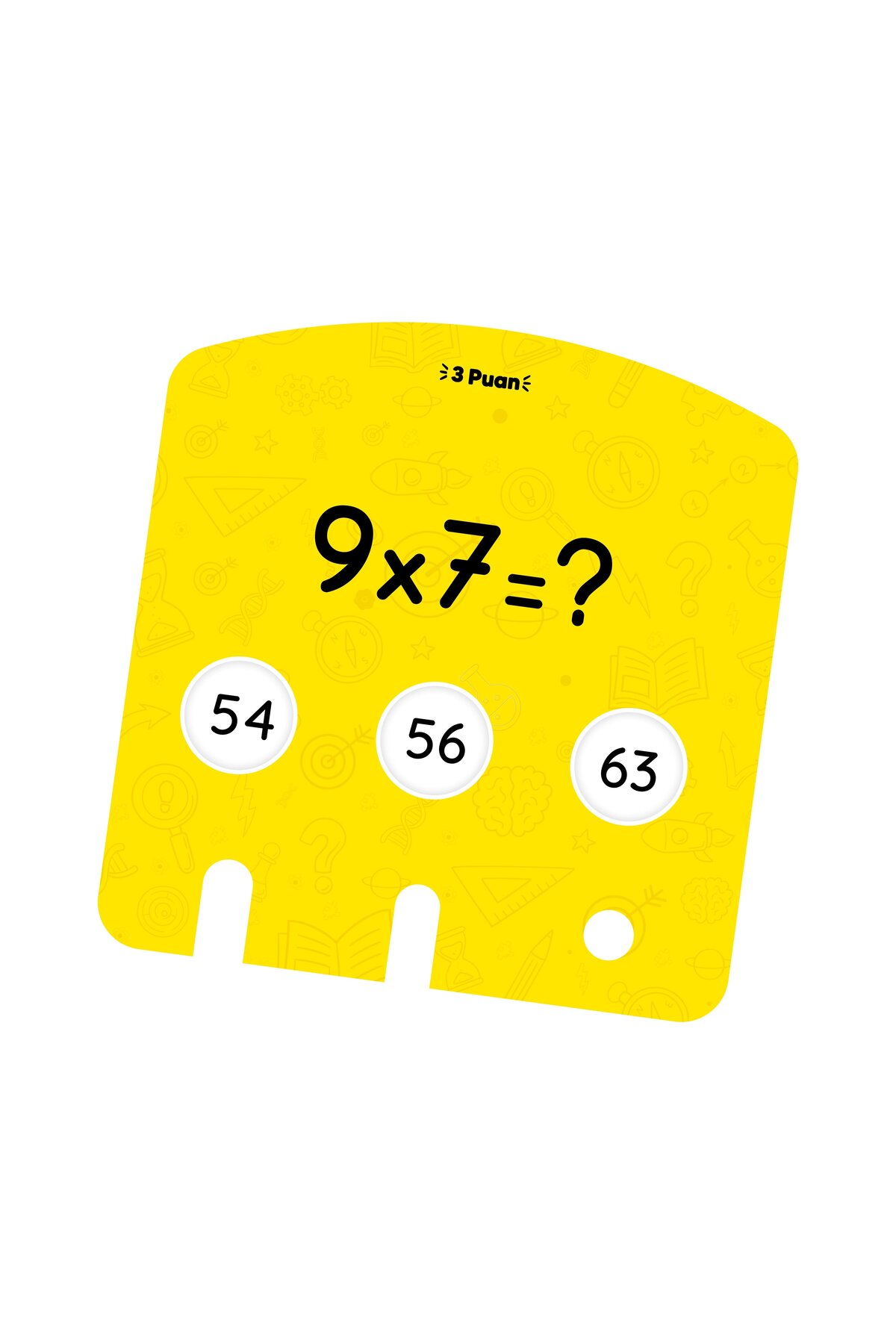 Matematik problemi 9x7=?, seçenekler 54, 56, 63 olan sarı öğrenme kartı.