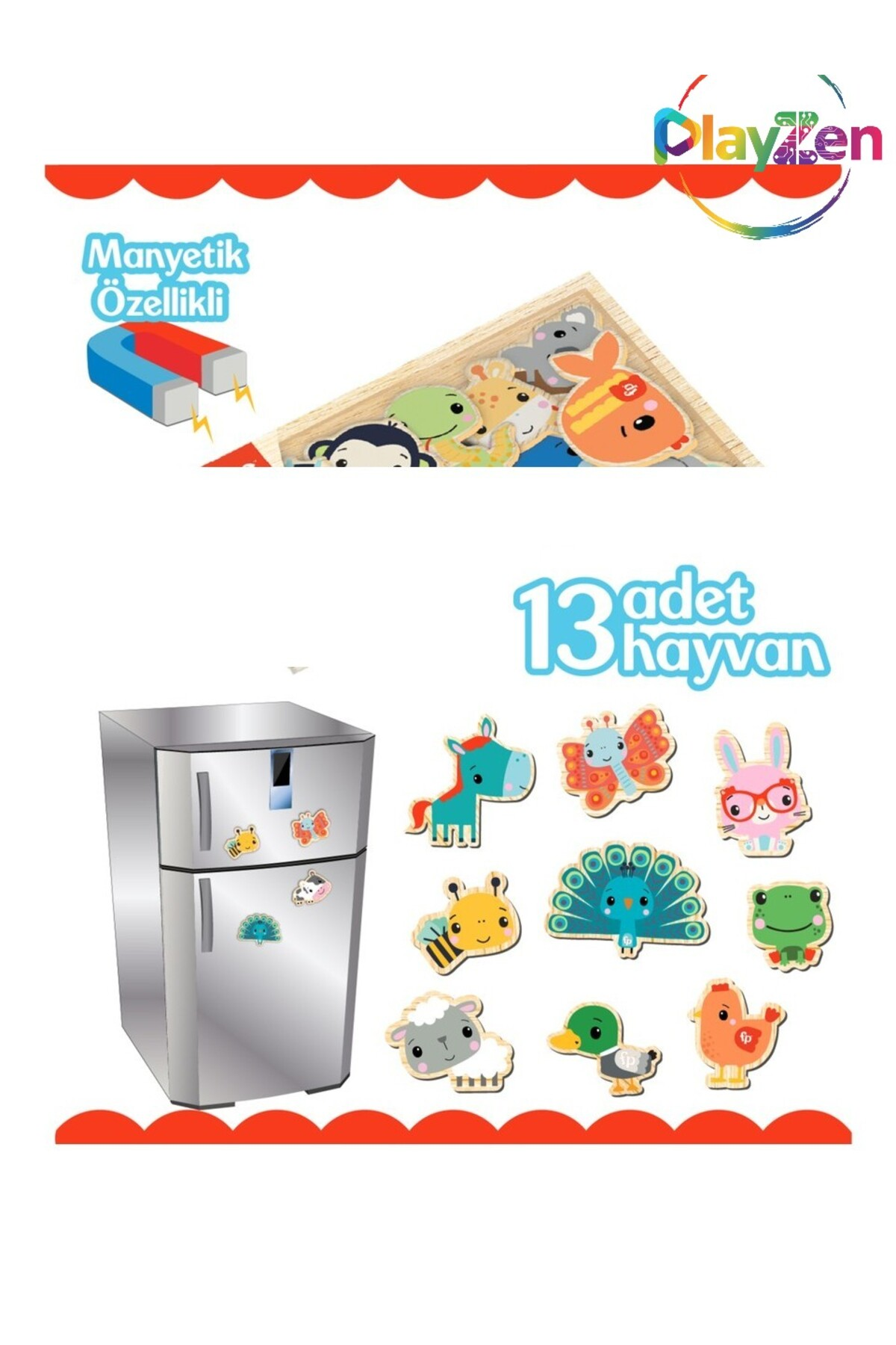 Hayvan magnetleri ve magnetli bir oyuncaklı buzdolabı.