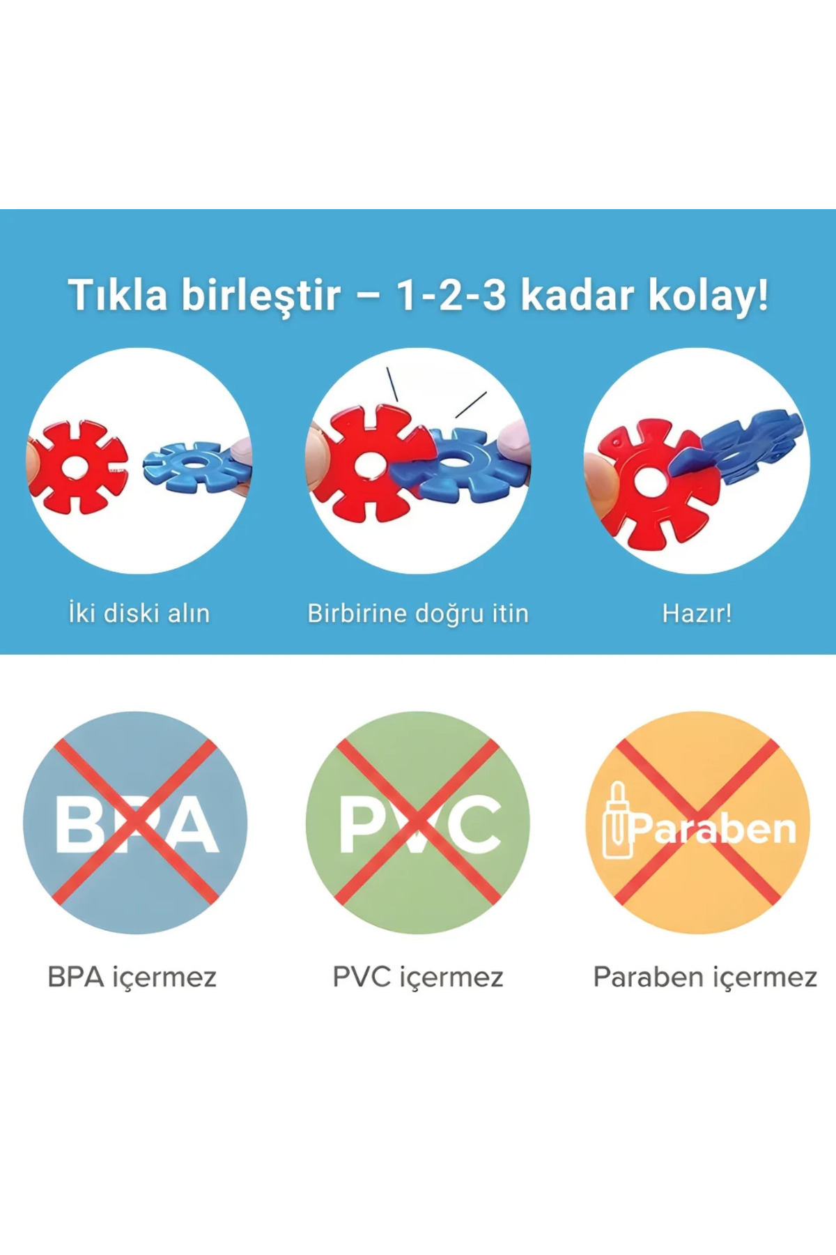 Diskleri birleştirme talimatı: iki al, birbirine it, hazır. İkonlar BPA, PVC, Paraben içermez gösterir.