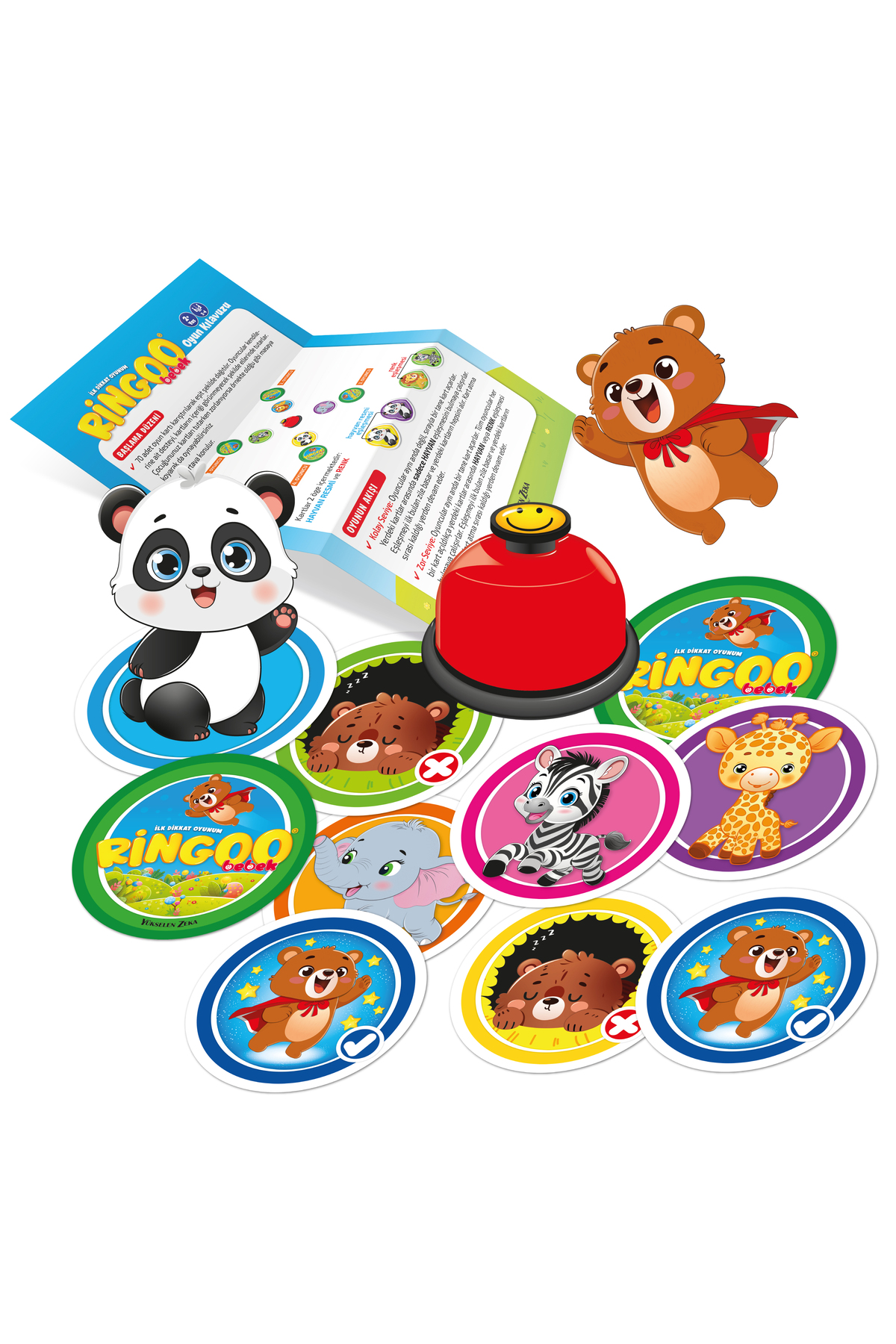 Pelerinli ayı, panda, fil, zebra, zürafa kartlarda, kılavuz ve kırmızı zil.