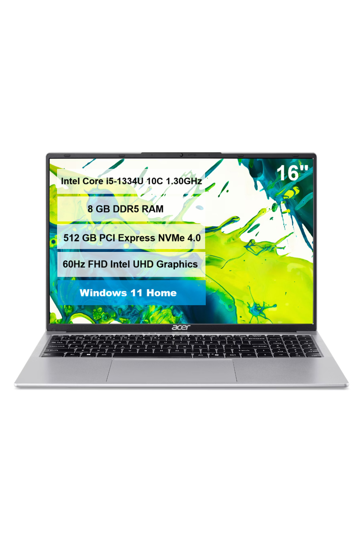 Gümüş Acer dizüstü bilgisayar, 16 inç ekran, Intel i5, 8GB RAM, 512GB SSD.