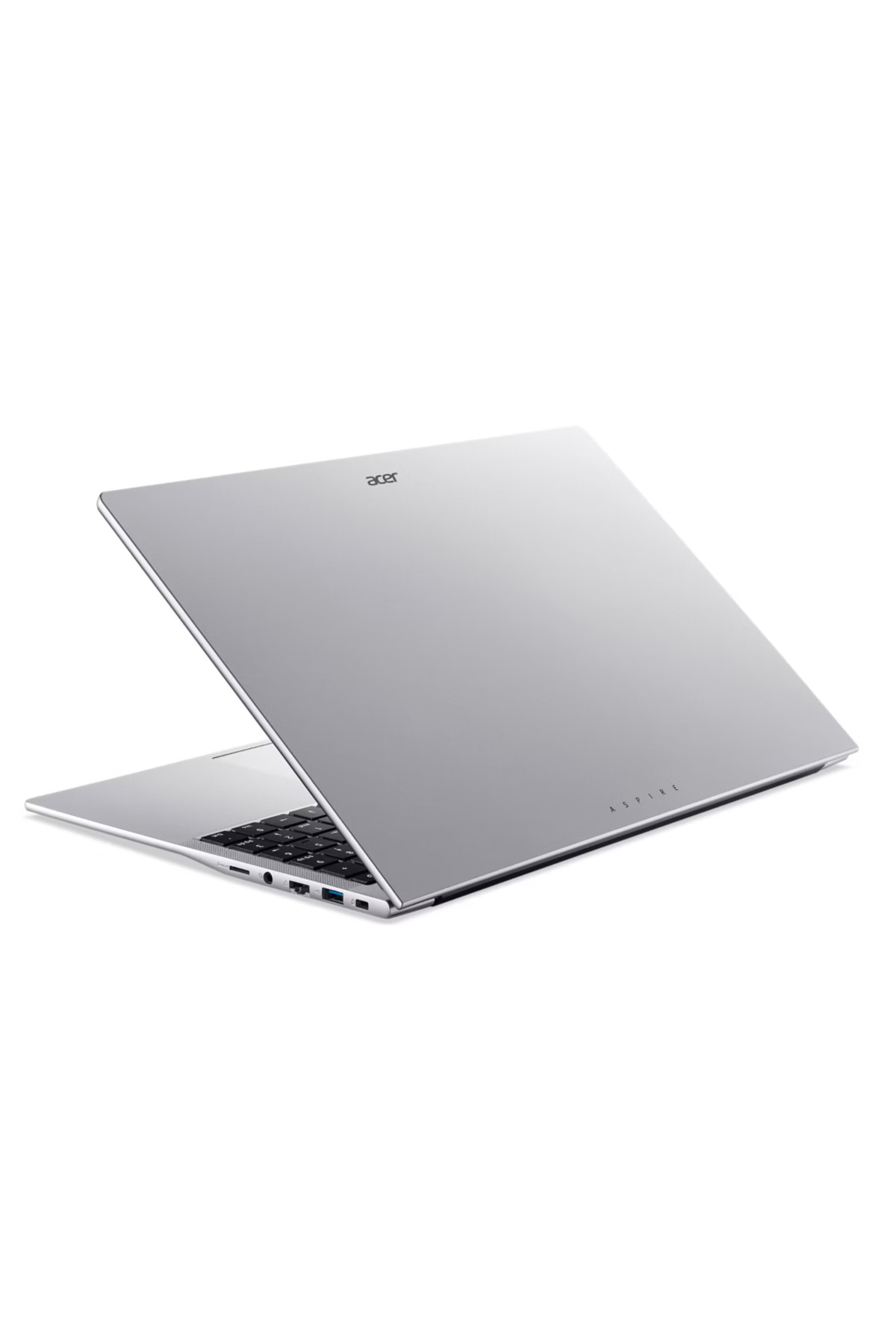 Gümüş Acer Aspire dizüstü bilgisayar, açık, bağlantı noktalarını gösteren yan görünüm.