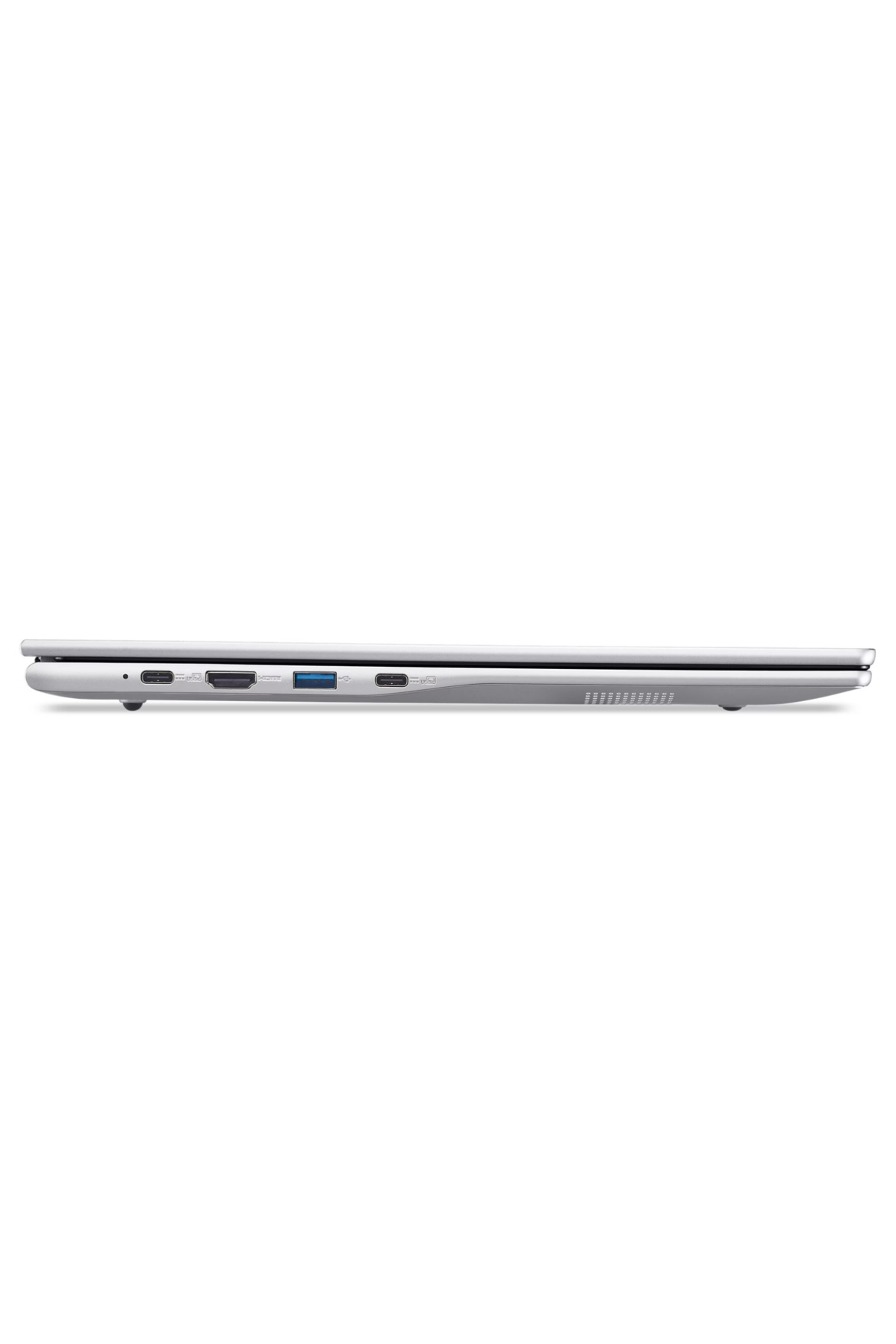 Gümüş laptop yan görünüm, bağlantı noktaları: USB-C, HDMI, USB-A, SD kart okuyucu.