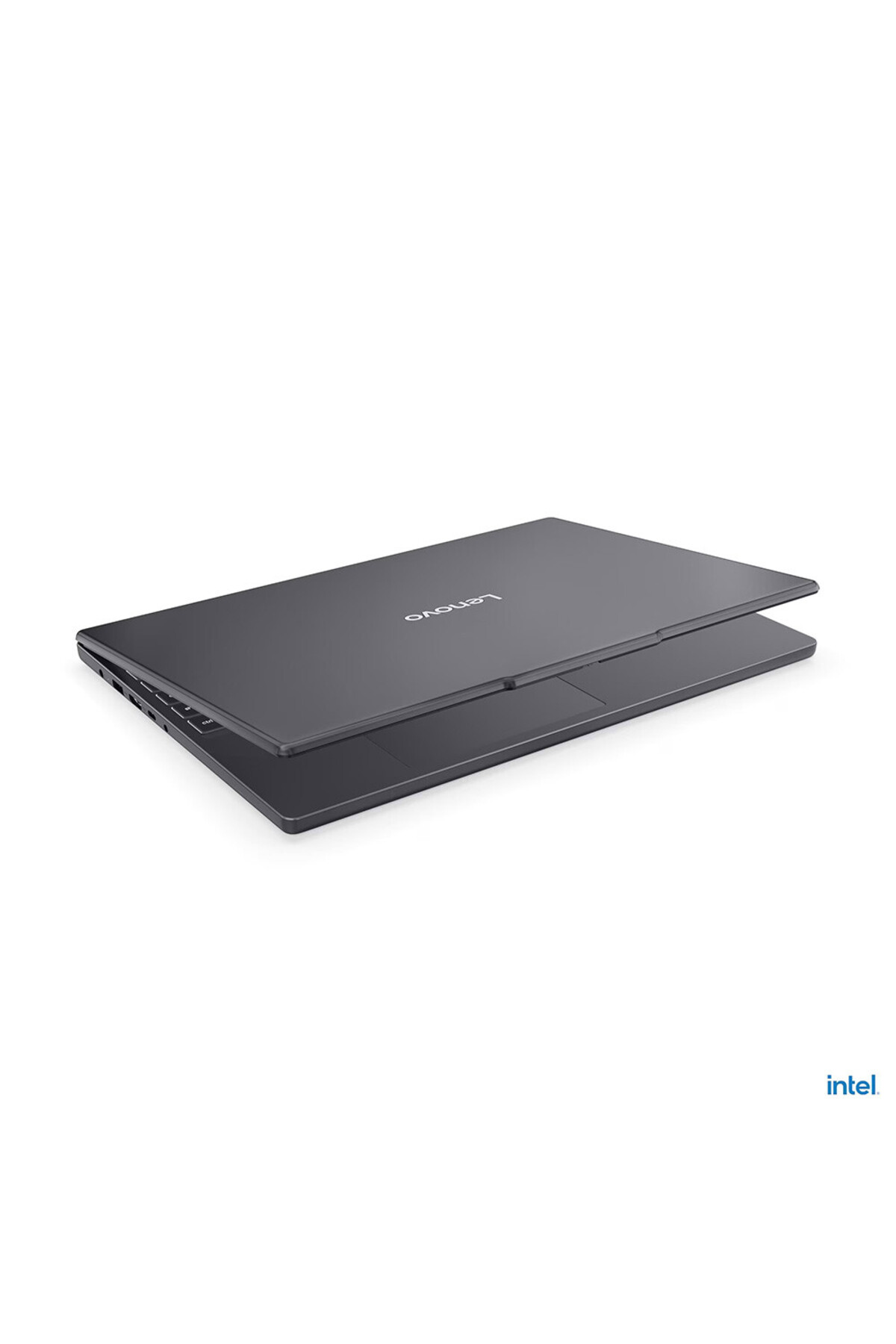 Beyaz arka planda kapalı, koyu renkli Lenovo dizüstü bilgisayar.