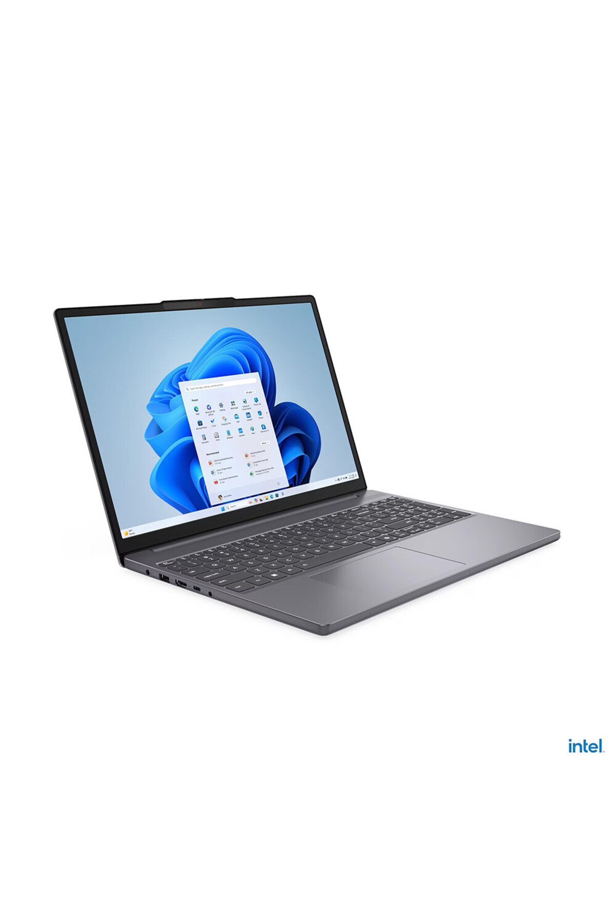 Windows 11 gösteren açık ekranlı gri bir dizüstü bilgisayar.