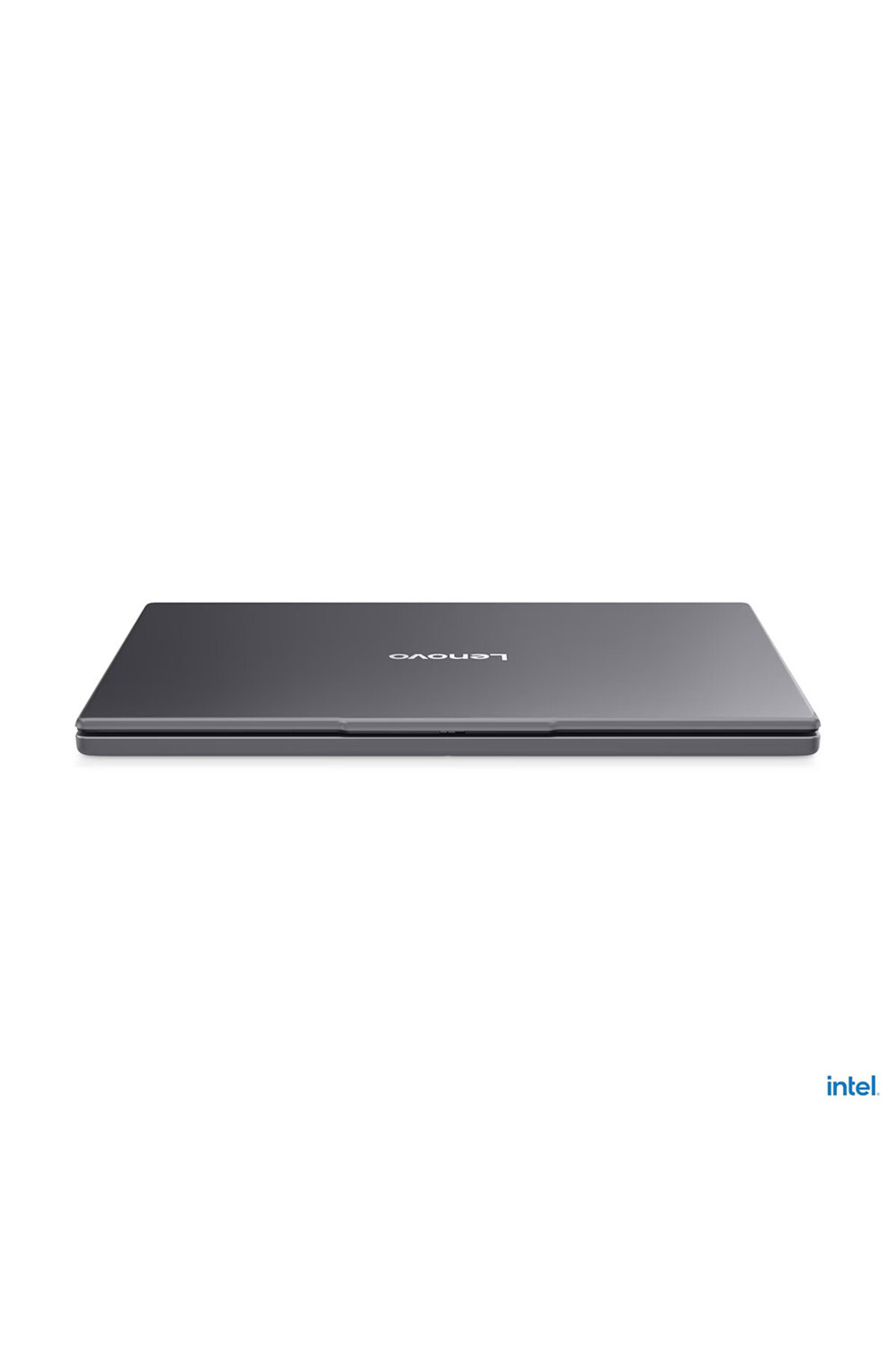 Kapalı koyu Lenovo dizüstü bilgisayar beyaz arka planda. Intel logosu.