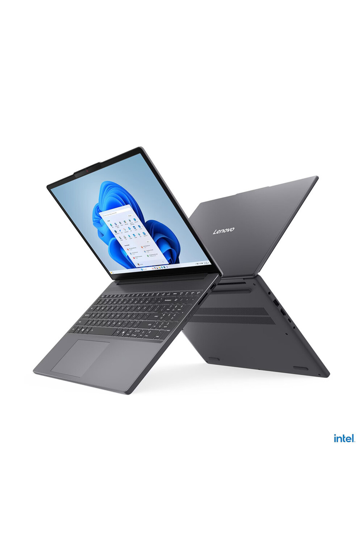 Beyaz zeminde Intel logosu bulunan açık gri Lenovo dizüstü bilgisayar.