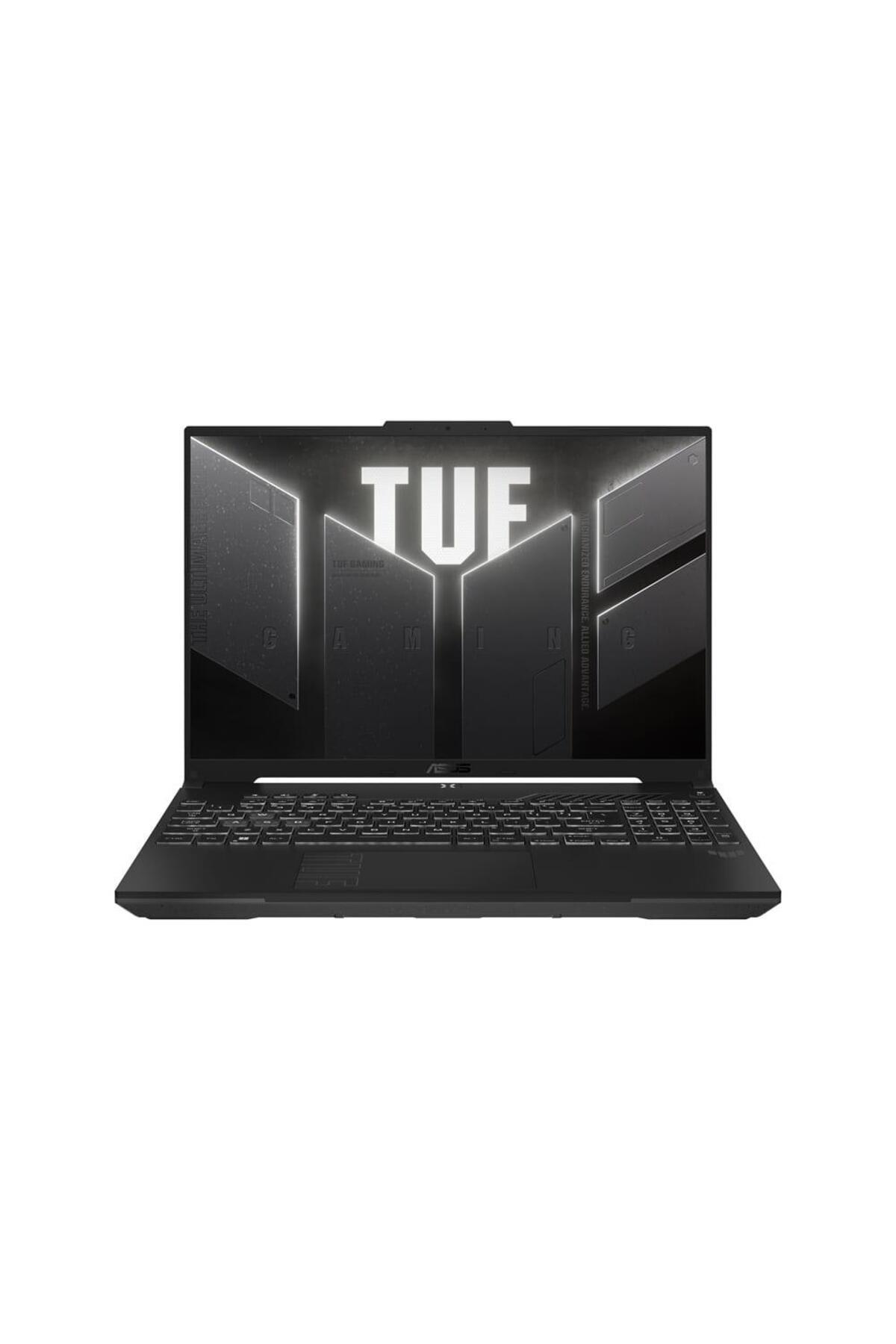 Ekranında TUF logosu ve aydınlatmalı klavyesi olan siyah dizüstü bilgisayar.