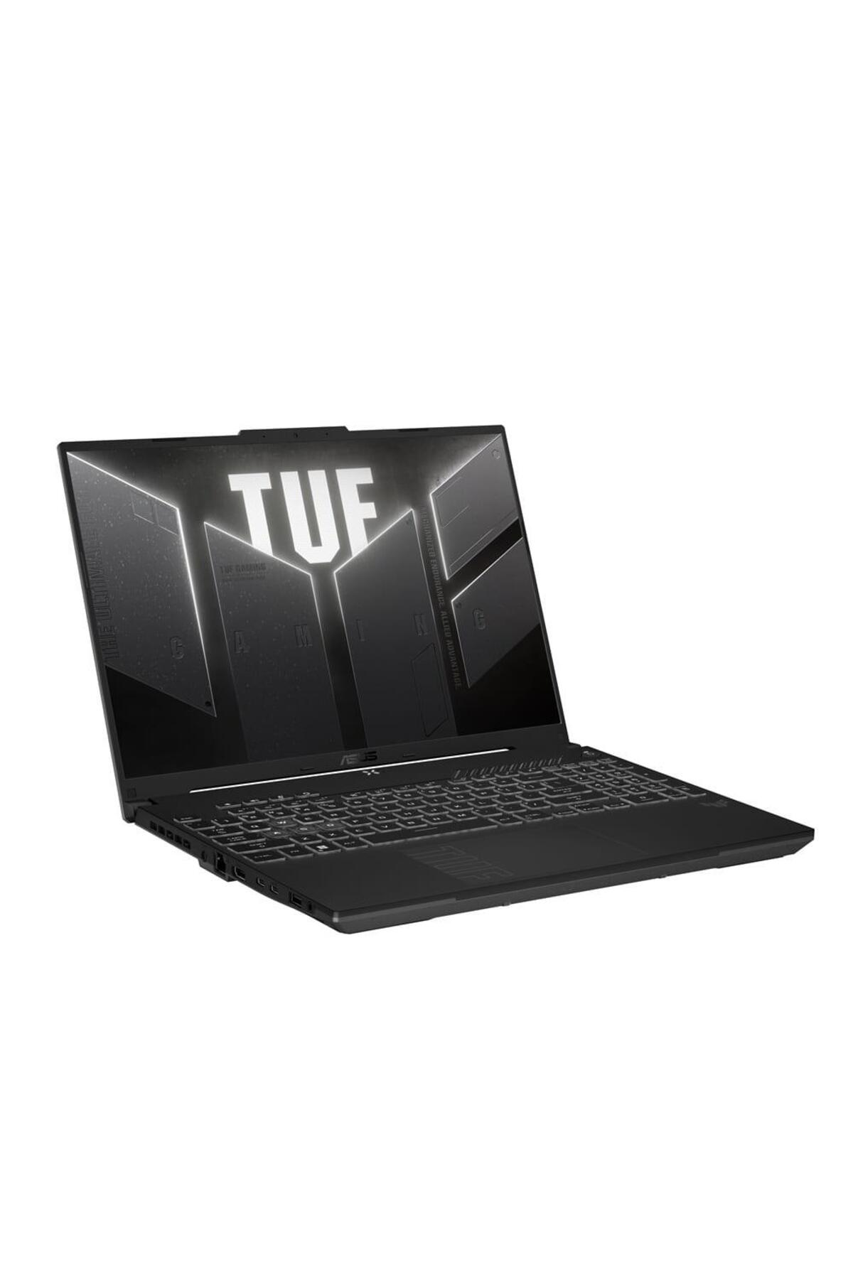 Arkadan aydınlatmalı klavyeli siyah dizüstü bilgisayar, ekranda "TUF" logosu.