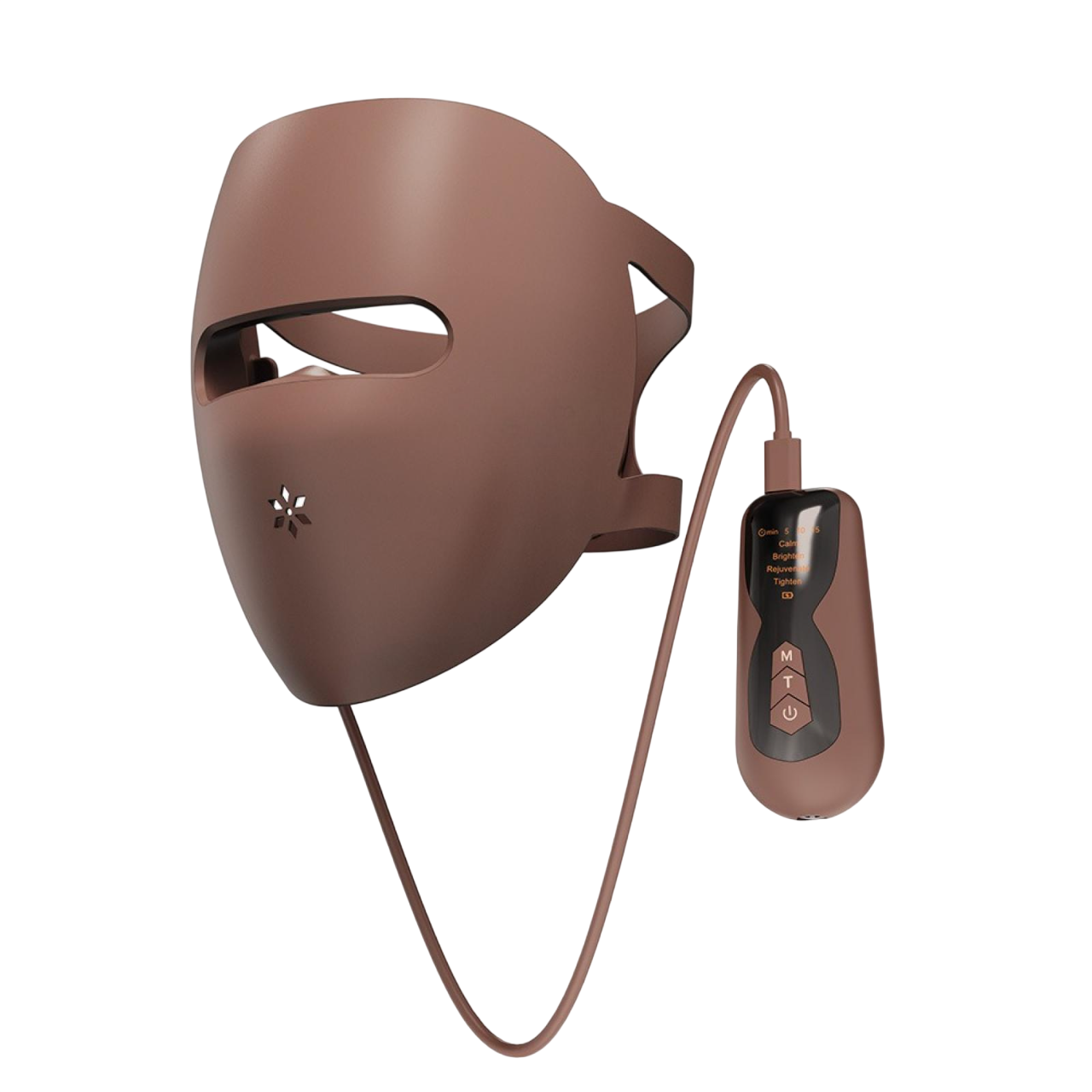 Eine braune Gesichtsmaske mit einem Kontrollgerät, verbunden durch ein Kabel.