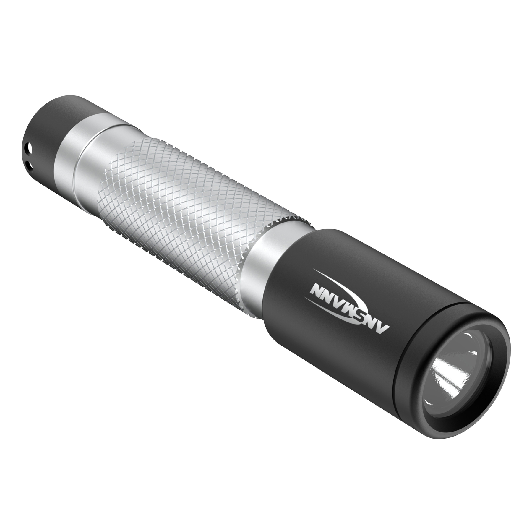 Czarna latarka z srebrnym teksturowanym uchwytem i logo Ansmann.