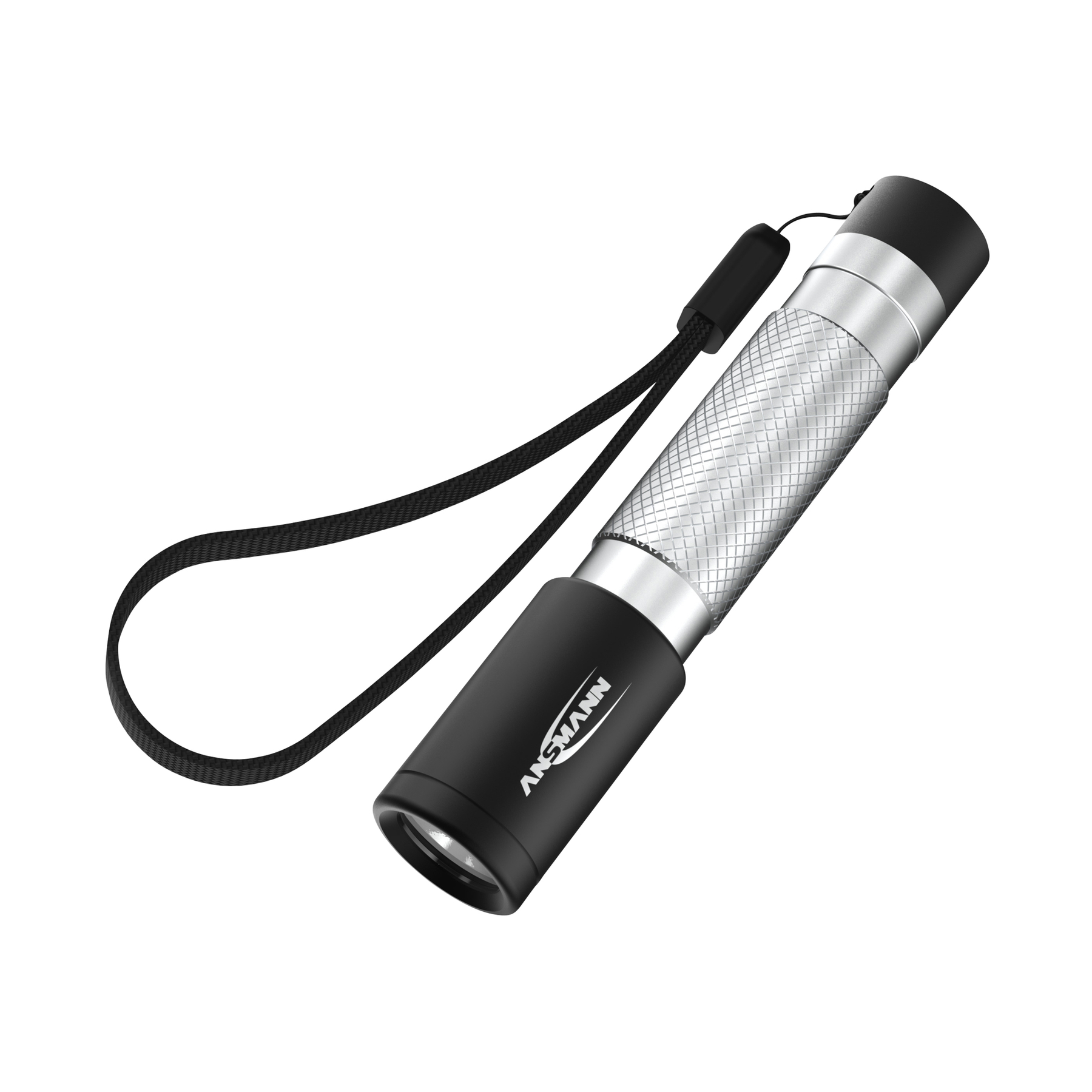 Czarna latarka z srebrnym teksturowanym uchwytem i smyczą.
