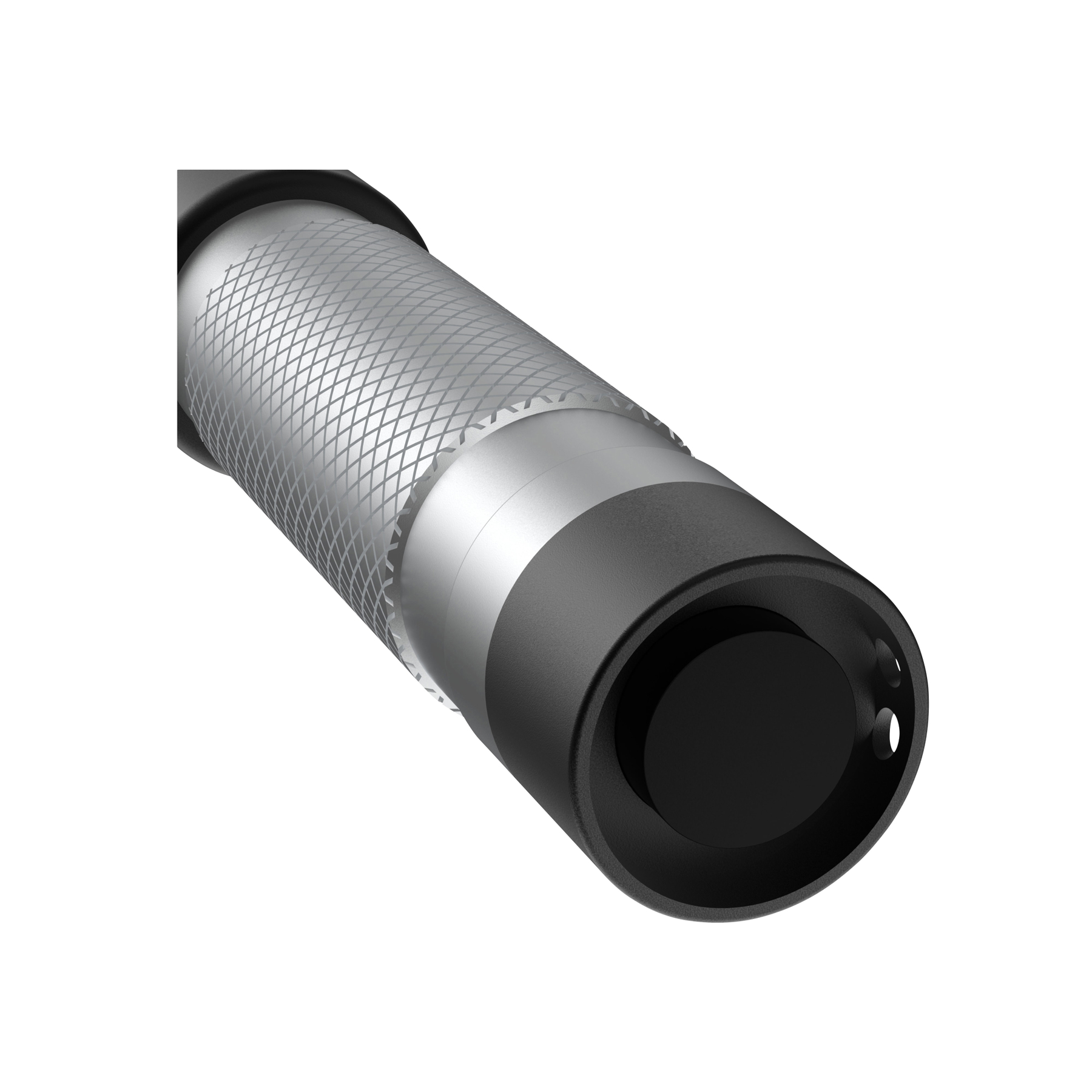 Zbliżenie srebrnego narzędzia z teksturowanym uchwytem i czarnym zakończeniem.