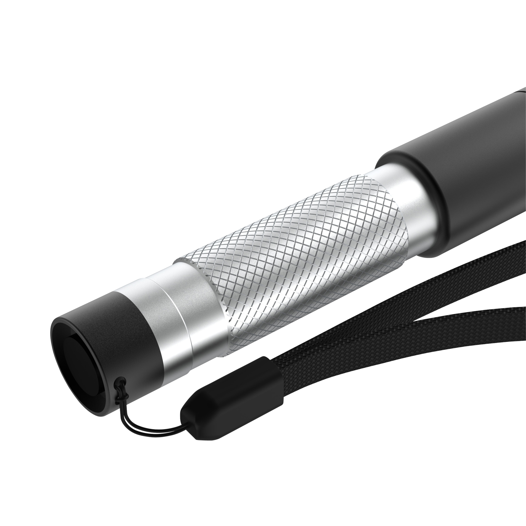 Czarny przedmiot z paskiem, srebrnym uchwytem i teksturowanym wzorem.