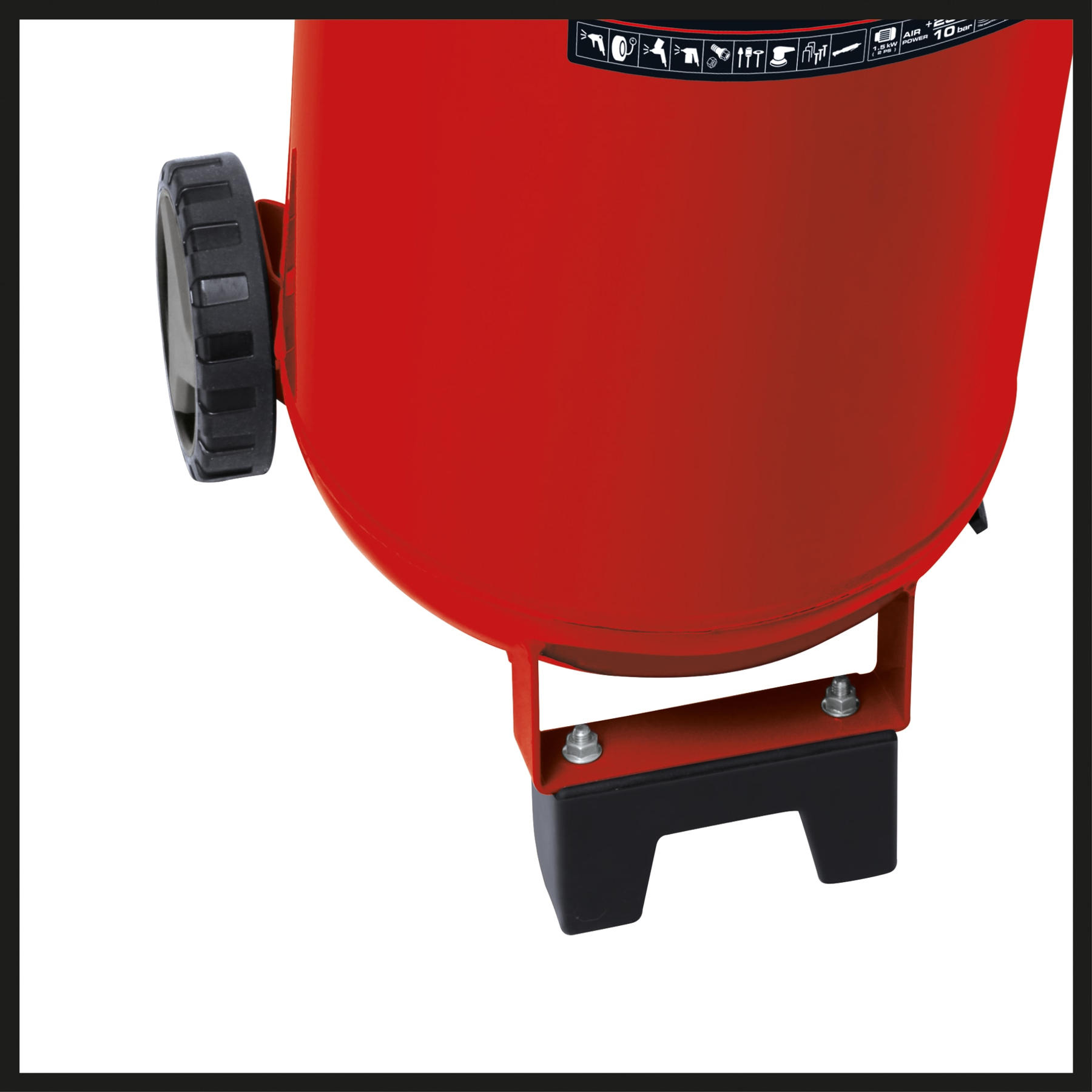 Un compressore rosso con ruota nera e piedino di supporto.