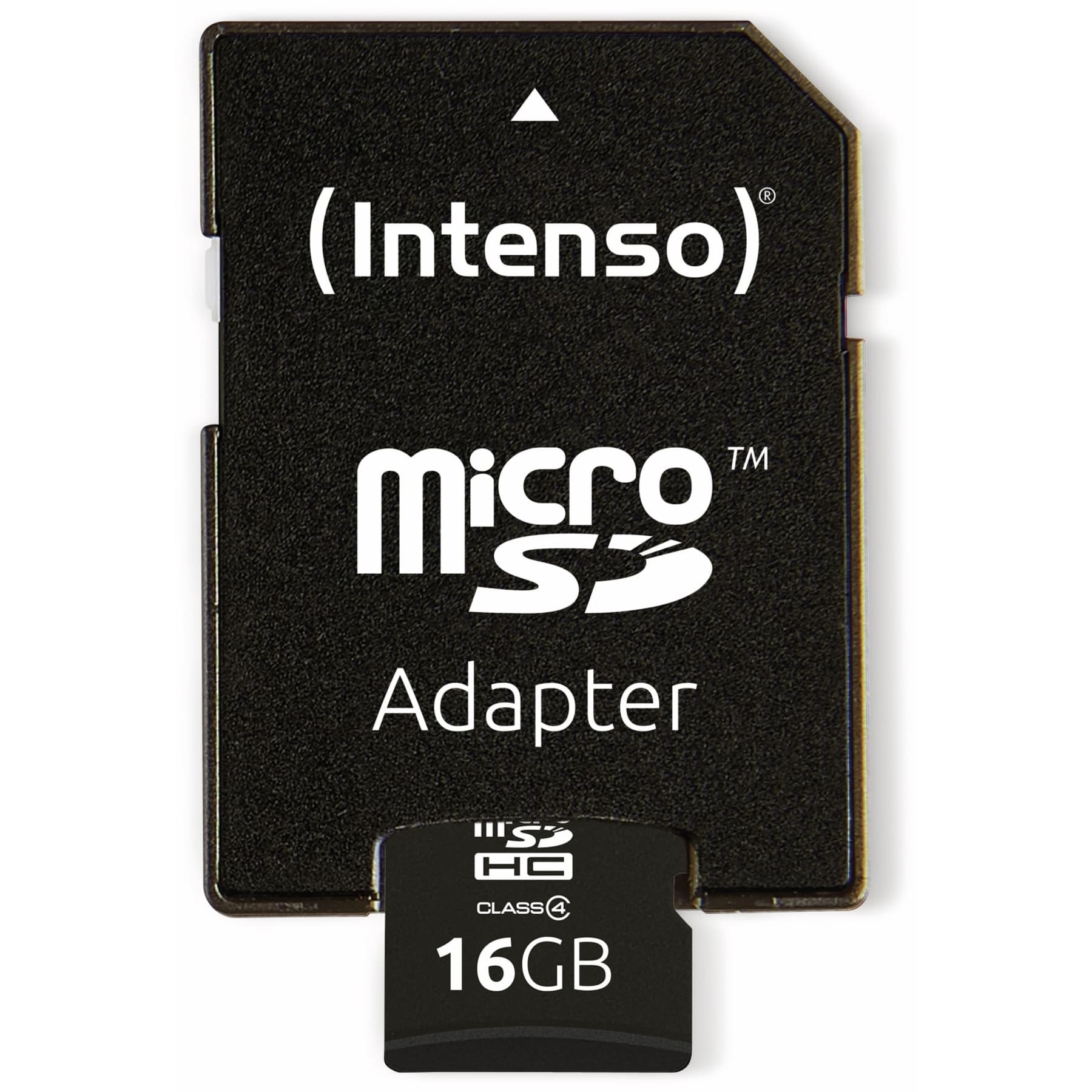 Schwarzer Micro-SD-Adapter mit 16GB Speicherplatz und Intenso-Logo.