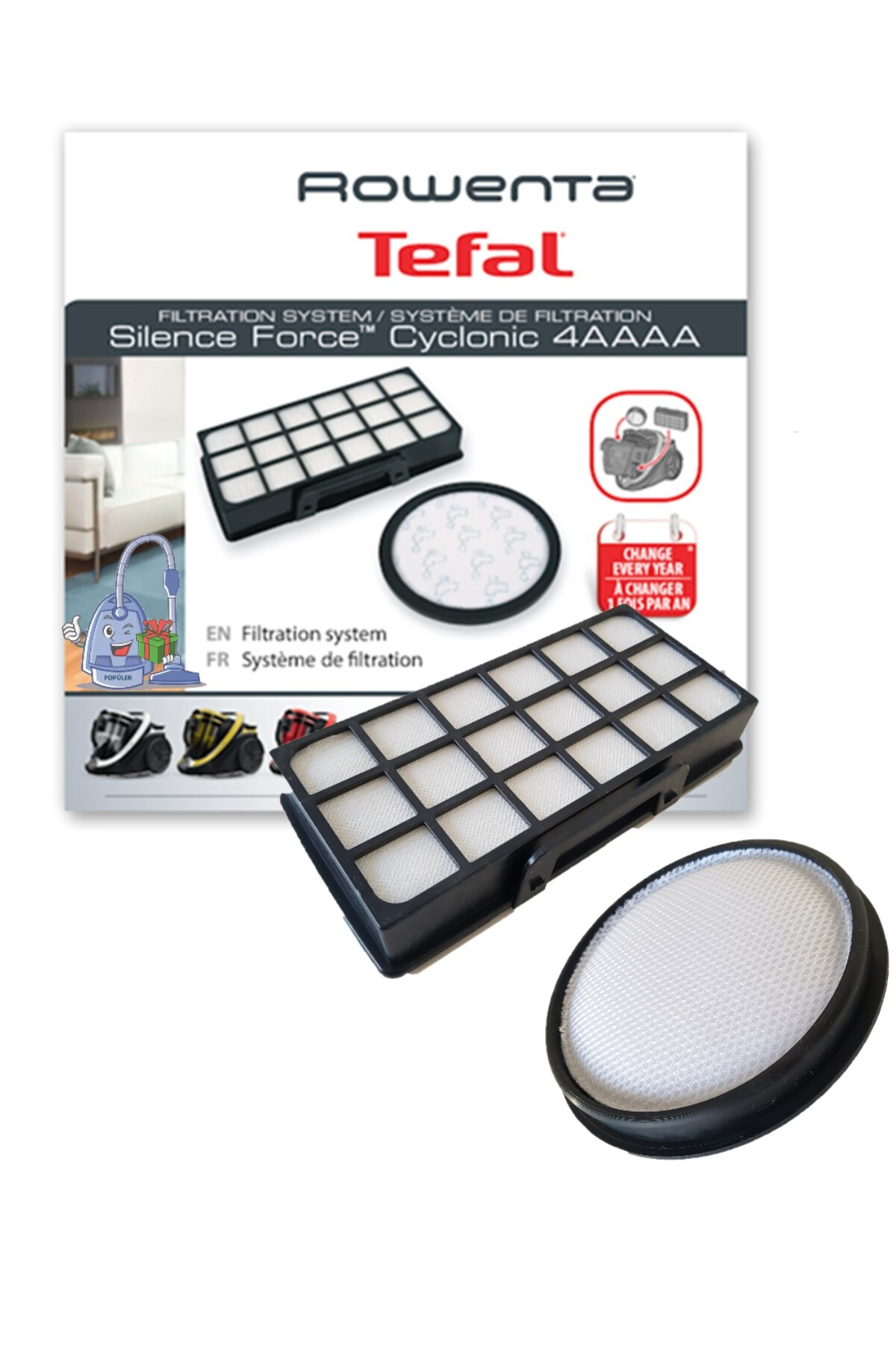 Rowenta Tefal elektrikli süpürge filtreleri, iki filtre ve takvim hatırlatıcısı.