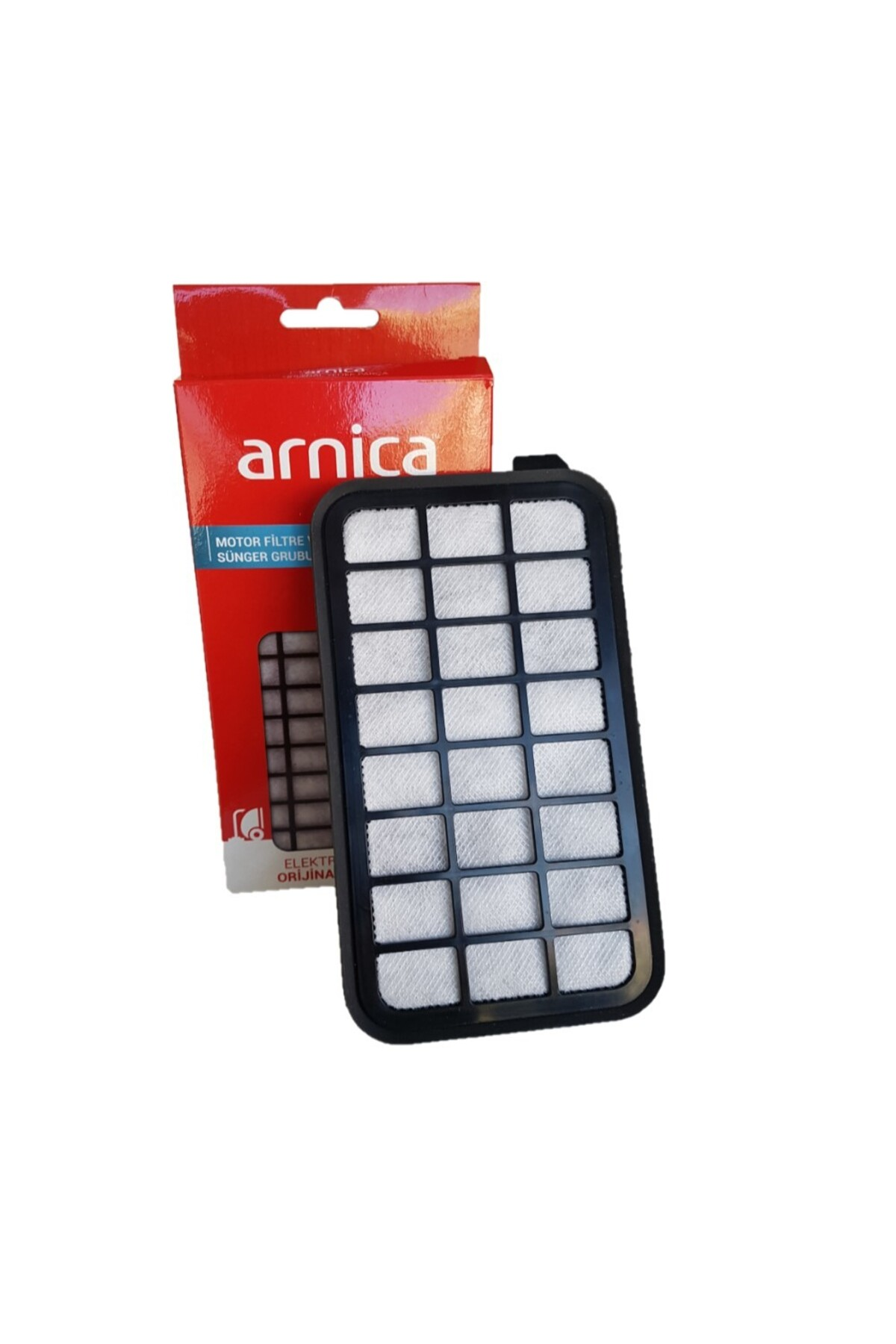 Arnica motor filtresi, siyah çerçeveli ve beyaz keçe kareli.