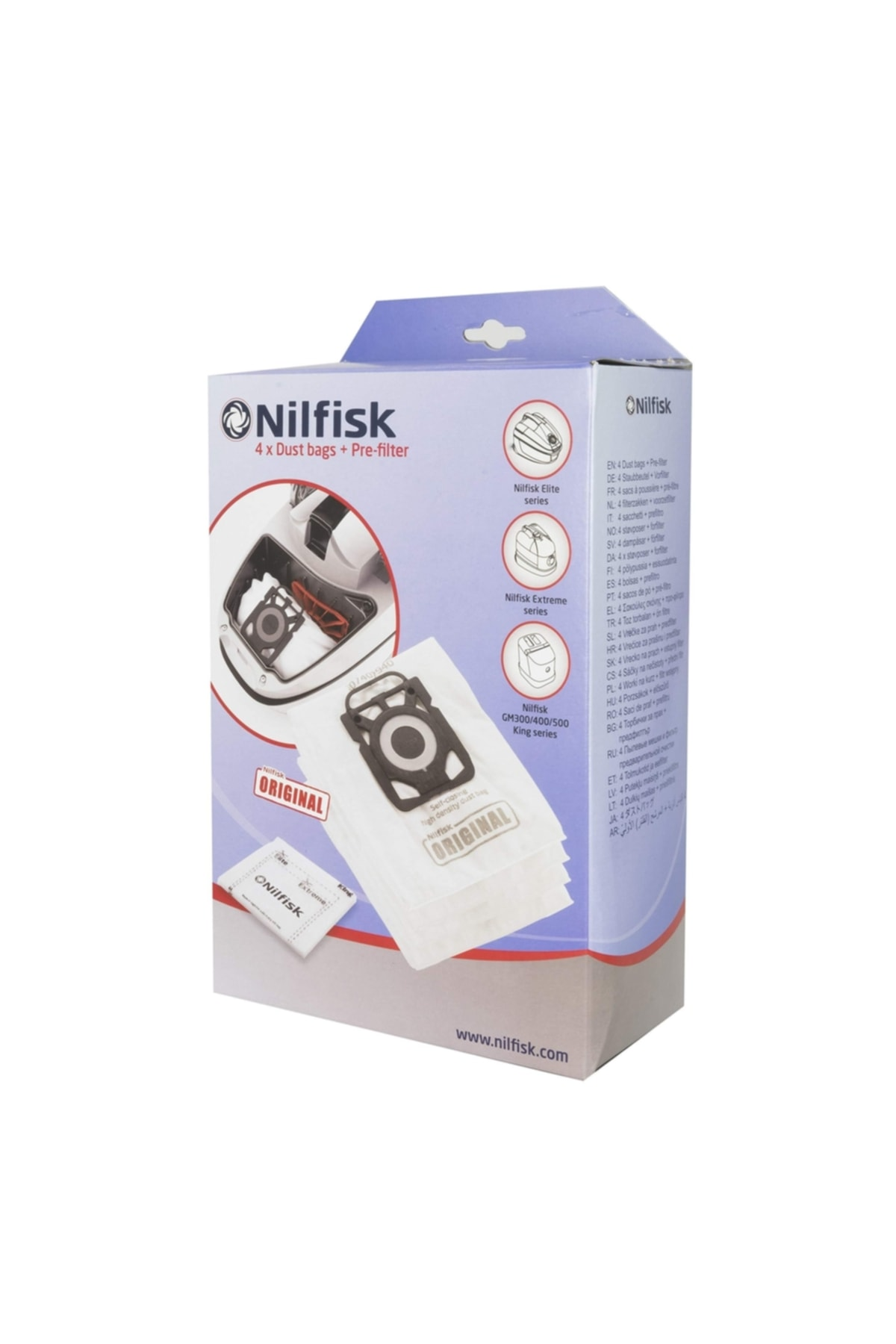 Nilfisk toz torbaları ön filtreli, çeşitli seriler için.