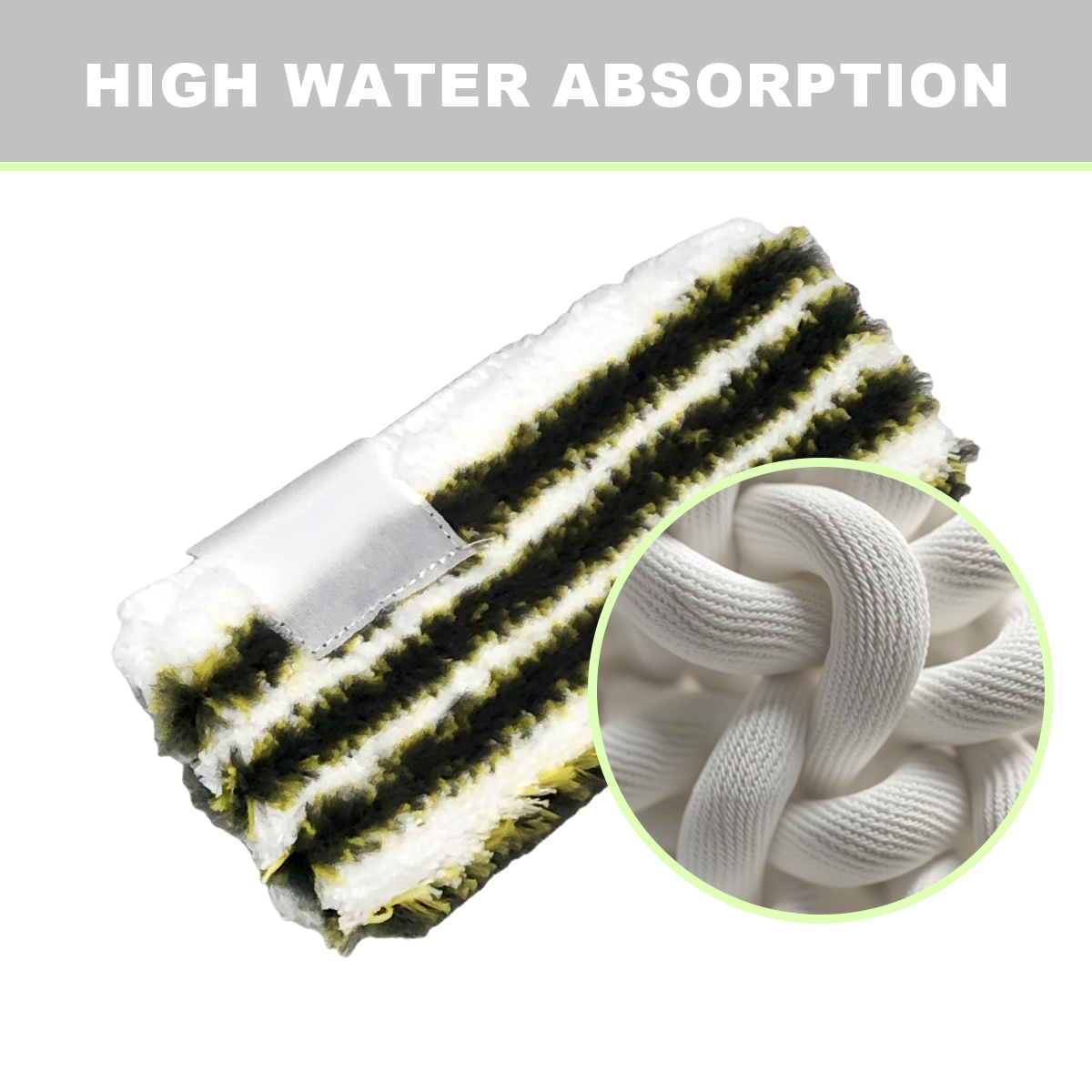 Paskowana głowica mopa z zbliżeniem na chłonne włókna.