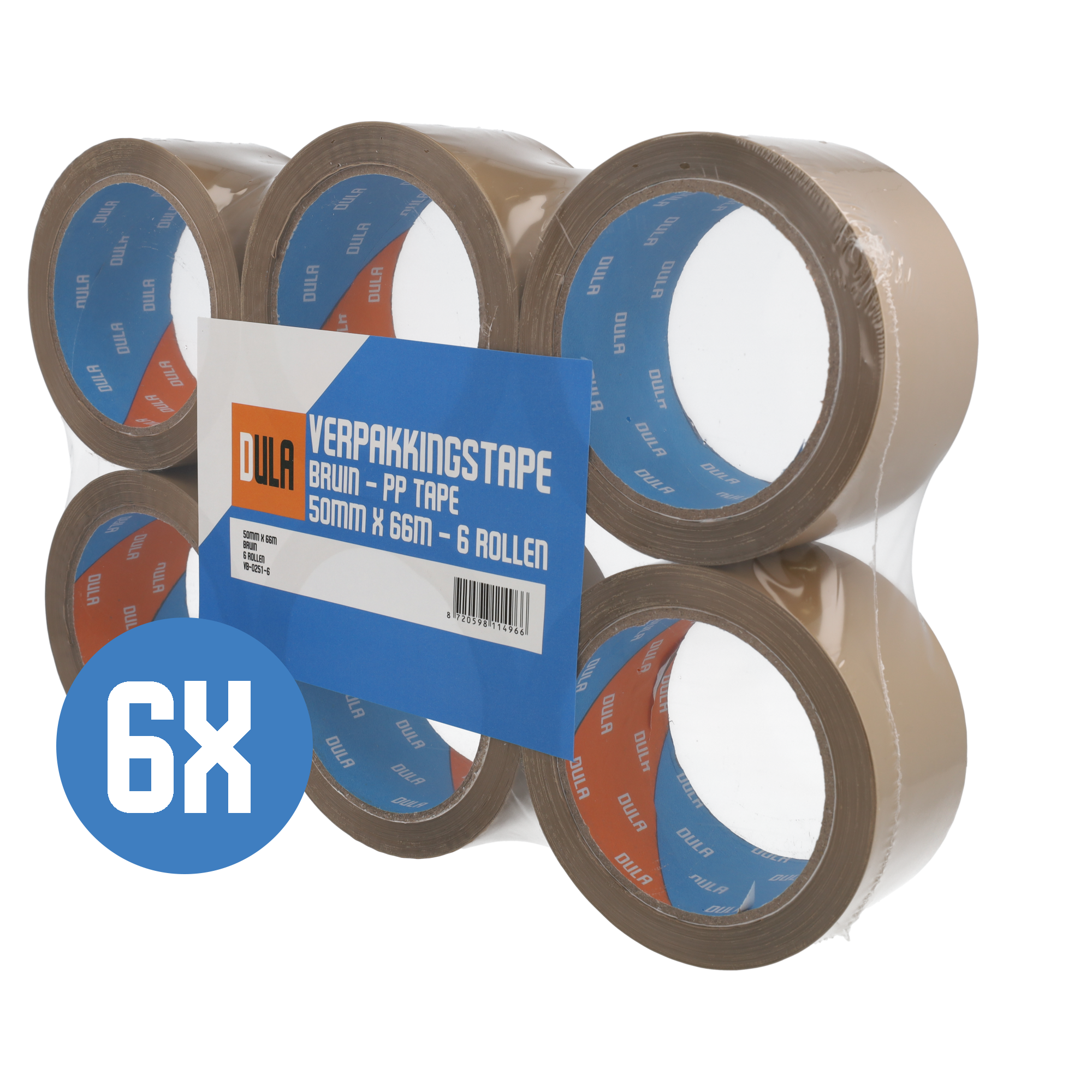 Zes bruine plakbandrollen verpakt in folie, met een blauw label.