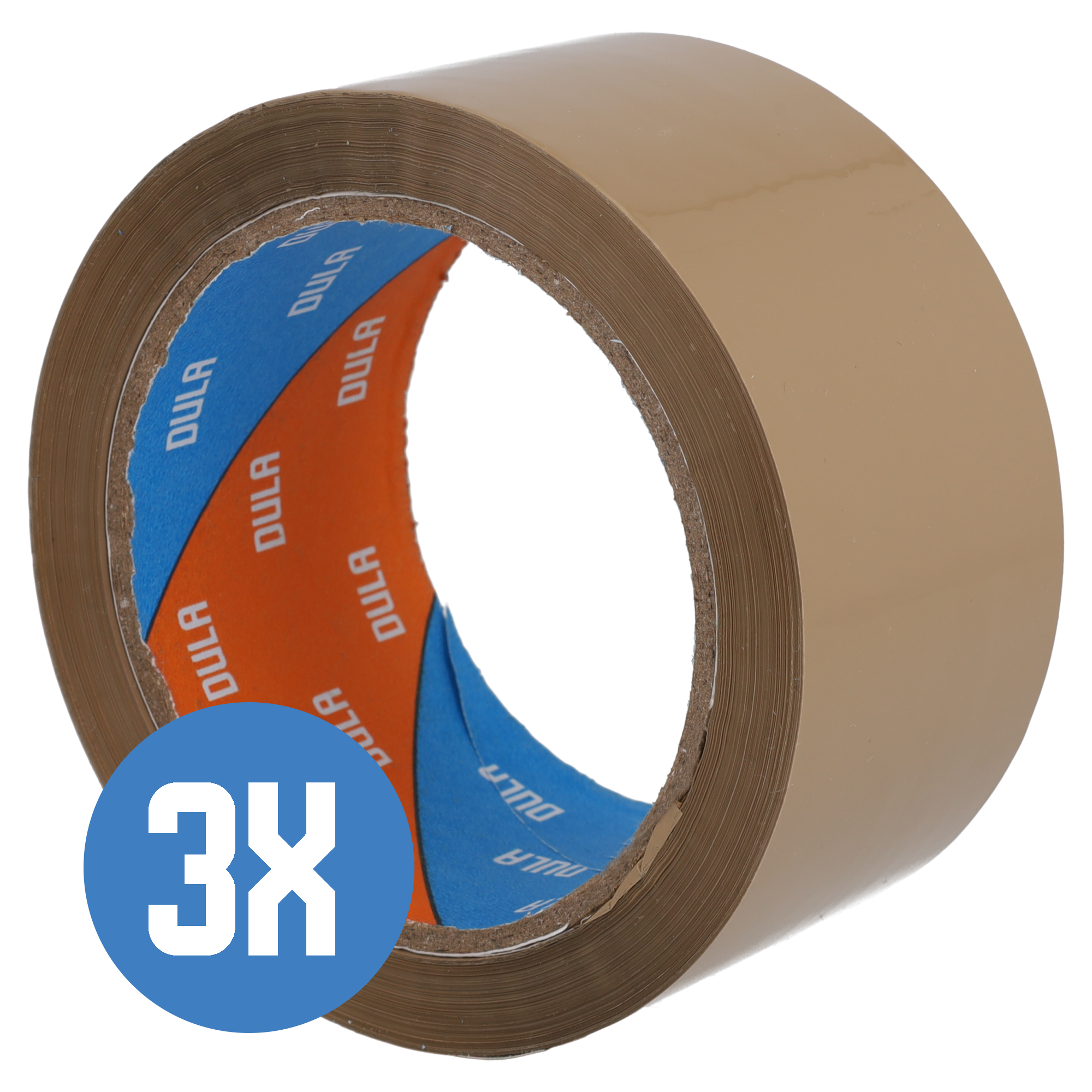Een rol bruin verpakkingstape met blauw en oranje binnenkern. Een blauwe cirkel met '3X'.