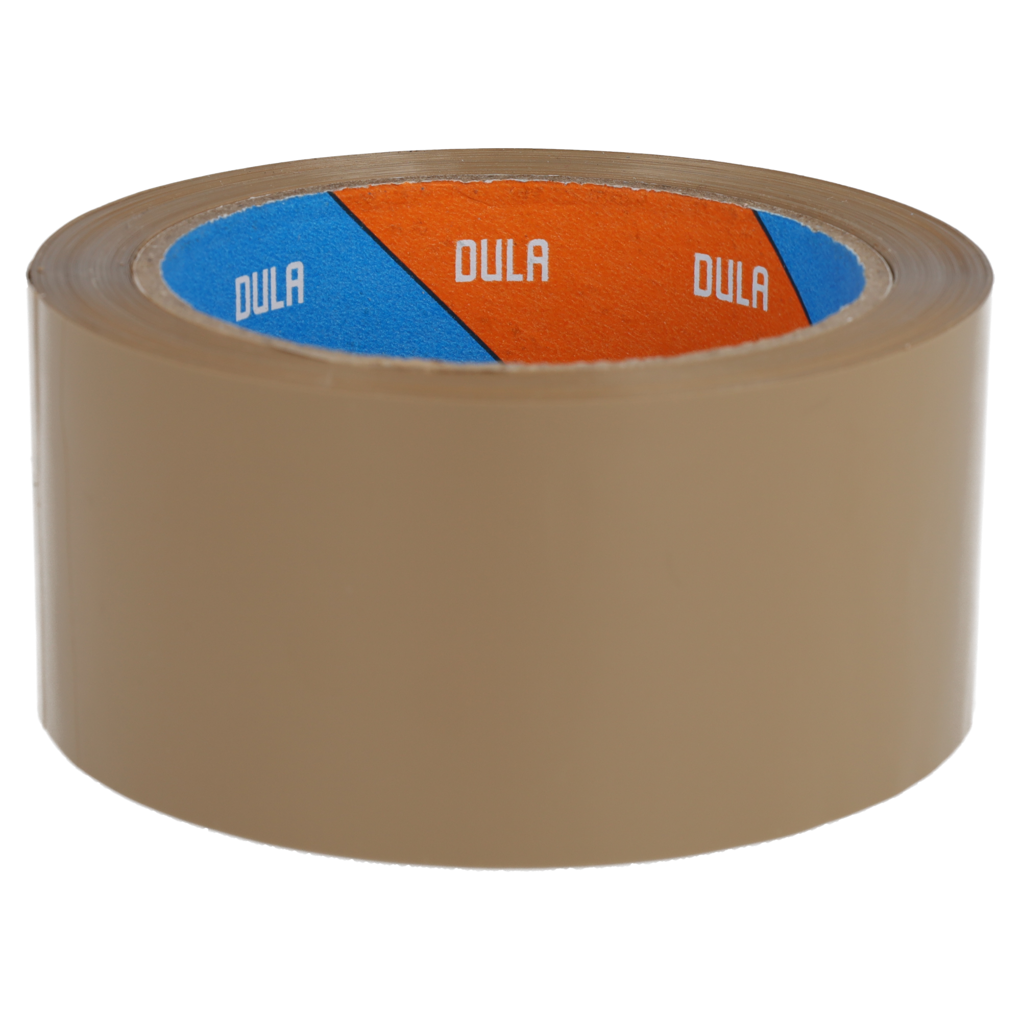 Een rol bruine plakband met een blauw-oranje label.
