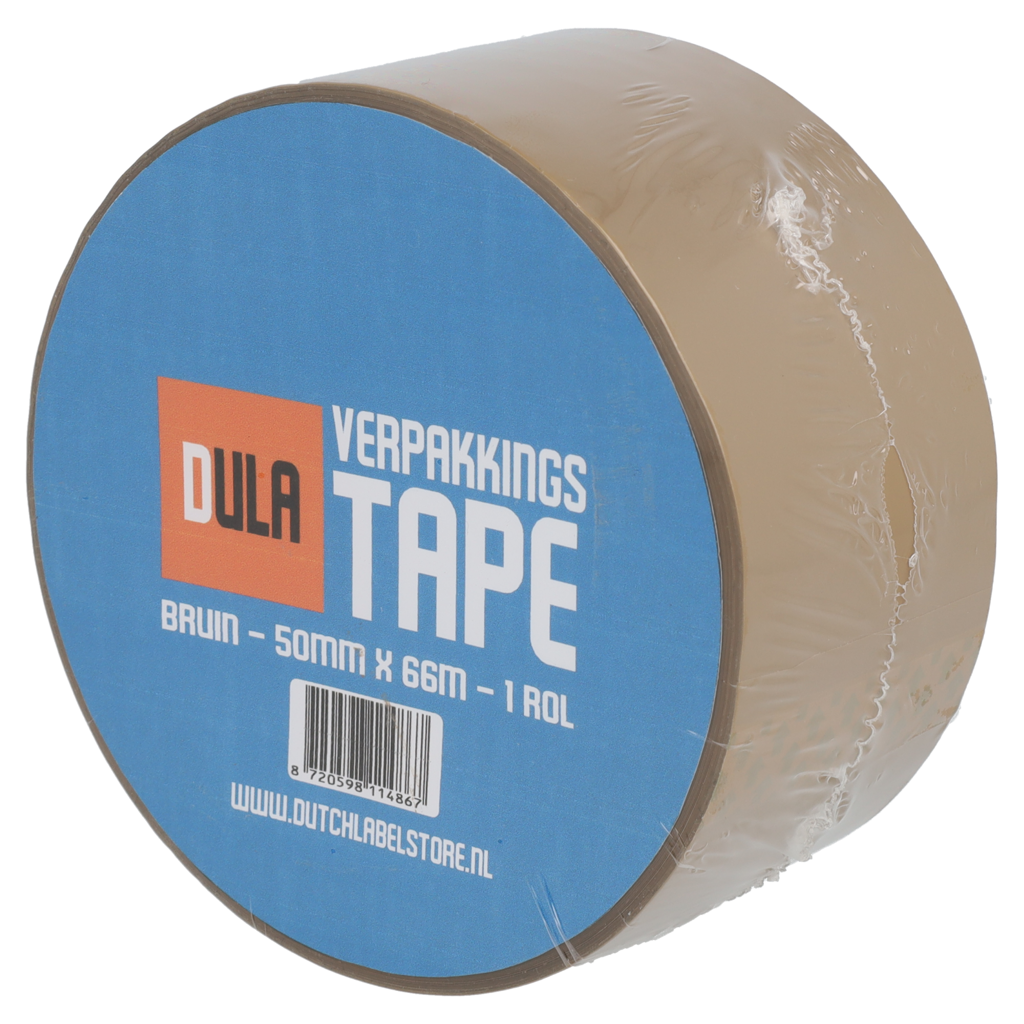 Een rol bruin verpakkingstape met een blauw etiket waarop DULA TAPE staat.