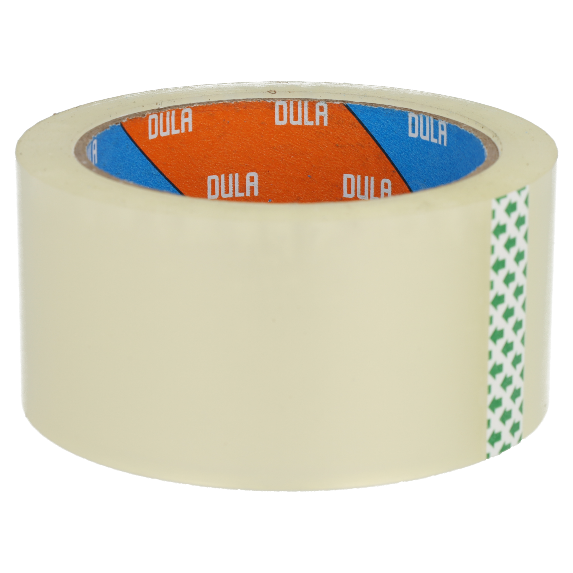 Rol doorzichtig plakband met oranje en blauw label met "DULA".