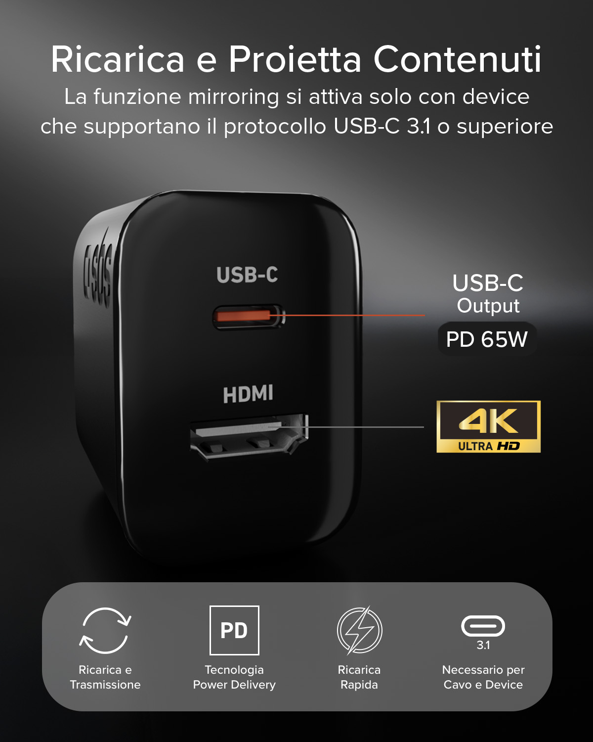 Adaptador USB-C negro con puertos HDMI y USB-C, 65W PD.