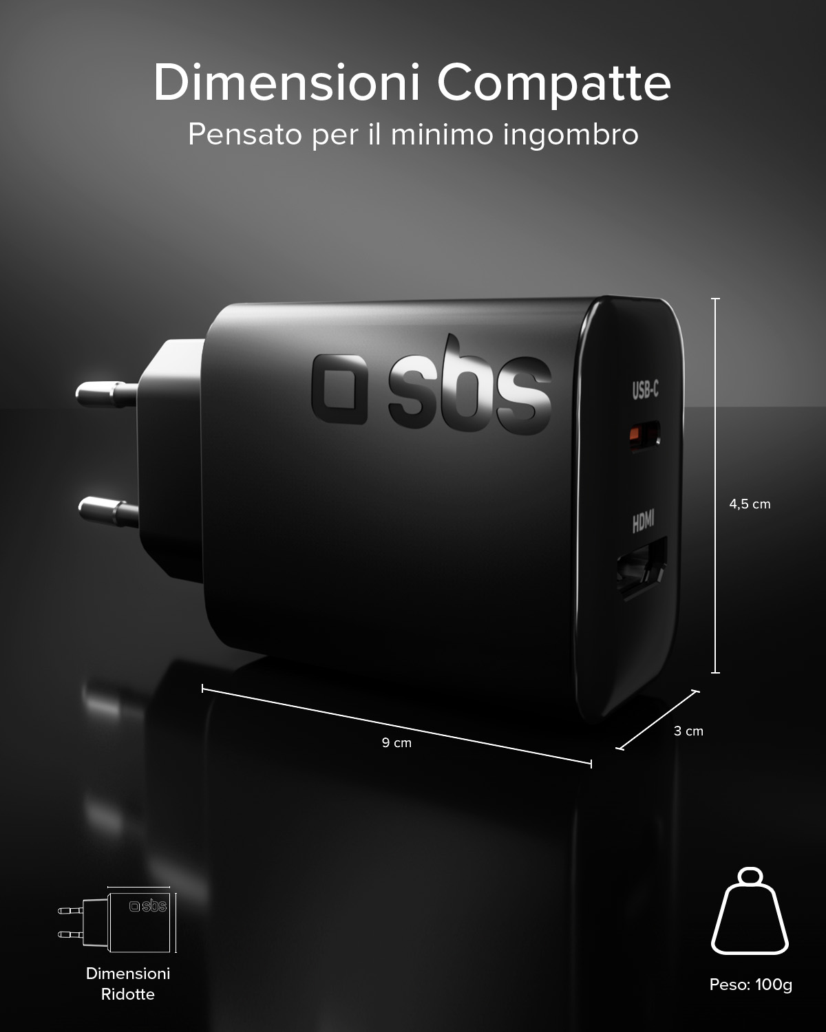 Adaptador SBS USB-C/HDMI negro, dimensiones 9x4.5x3cm, pesa 100g.