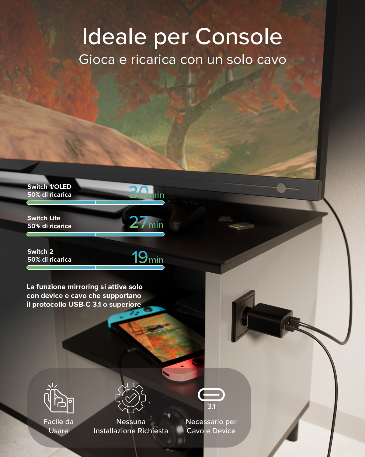 Un Nintendo Switch se está cargando cerca de una consola con escena otoñal.