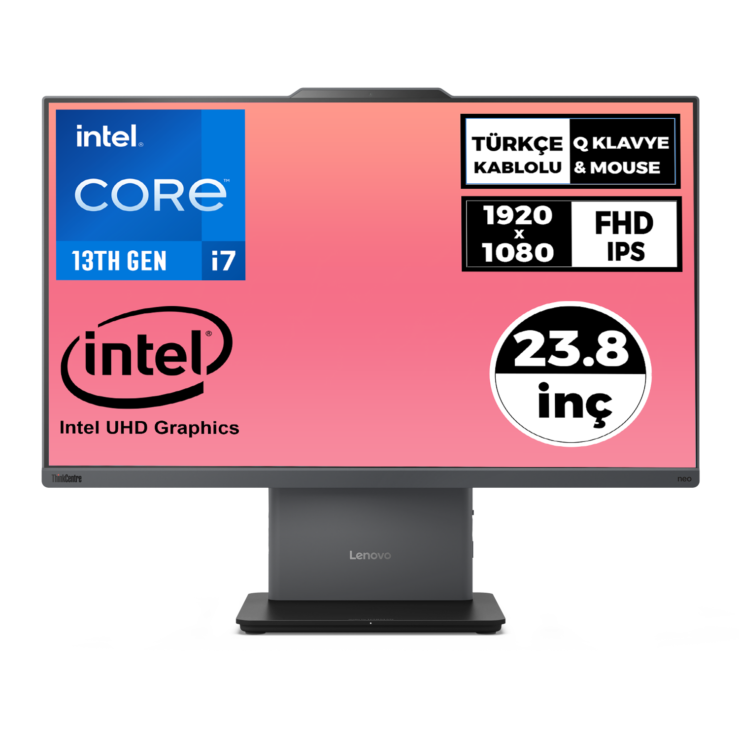 Intel Core i7 13. Nesil PC, 23,8 inç FHD IPS ekran ve Türkçe klavyeli.