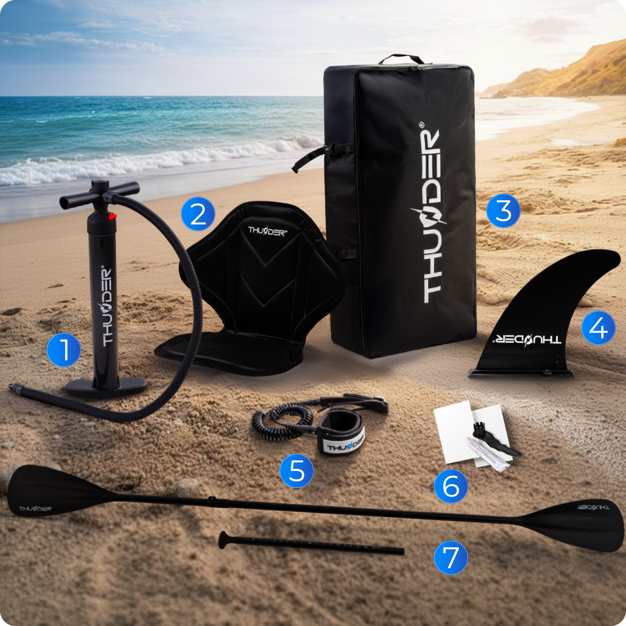 Akcesoria do deski SUP na plaŷy: pompka, siedzenie, torba, statecznik, smycz, narzędzia, wiosło.