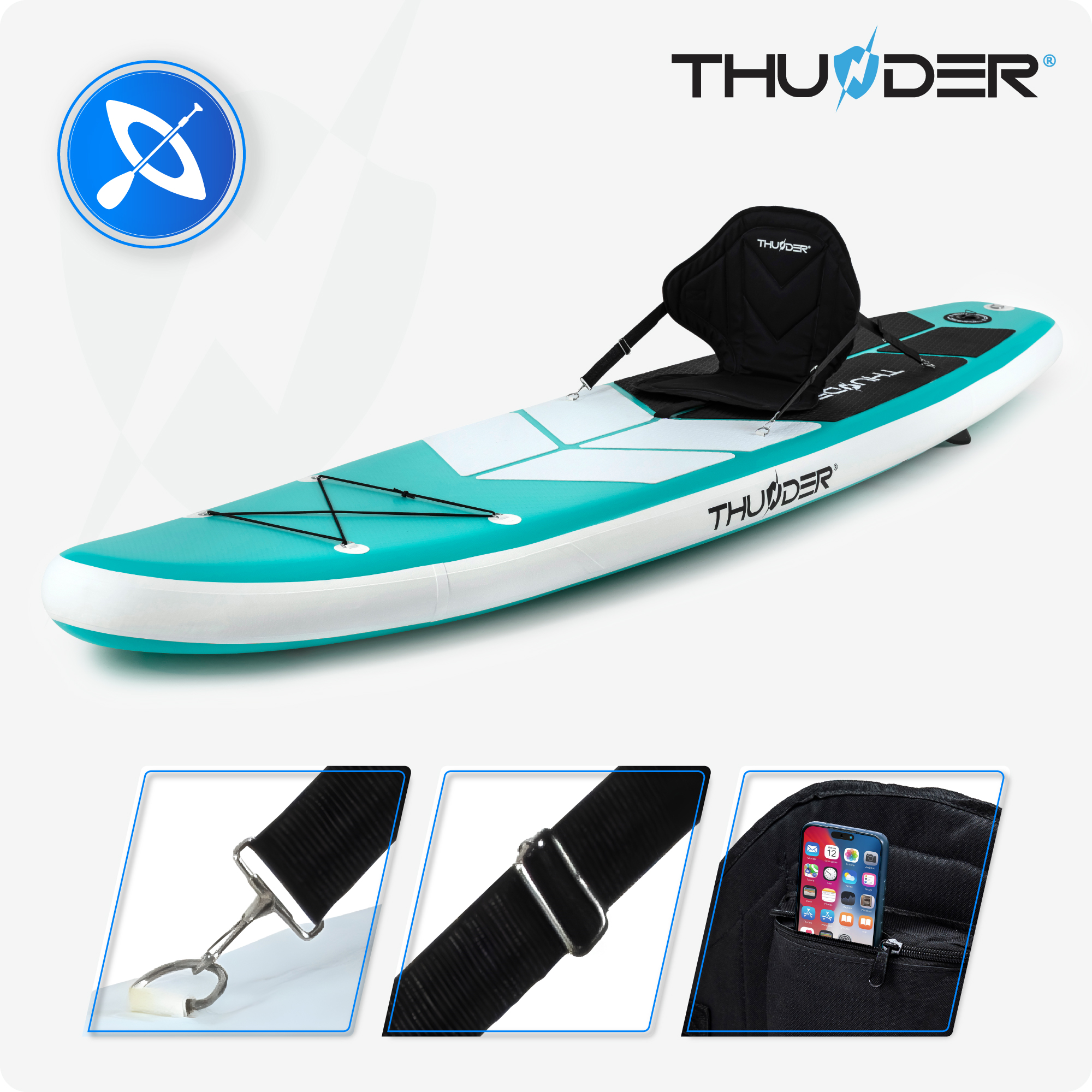 Nadmuchiwana deska SUP turkusowo-biała z siedzeniem, logo i detalami akcesoriów.