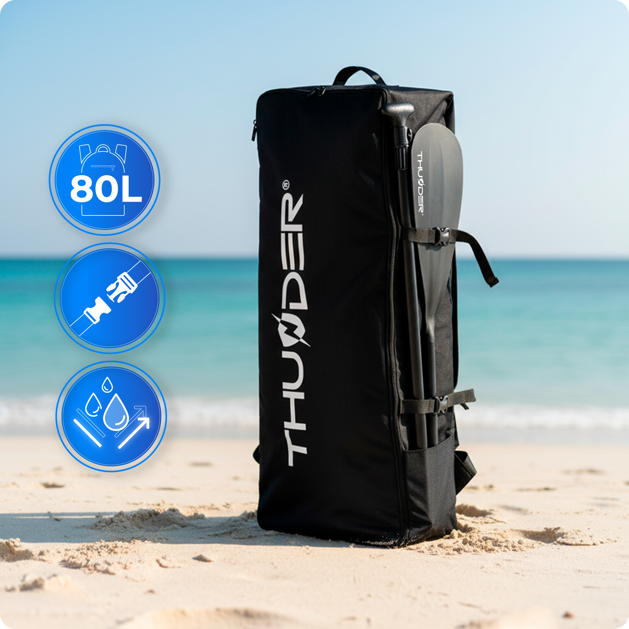 Czarna torba z wiosłem na plaży, z ikonami 80L, klamry i wodoodporności.