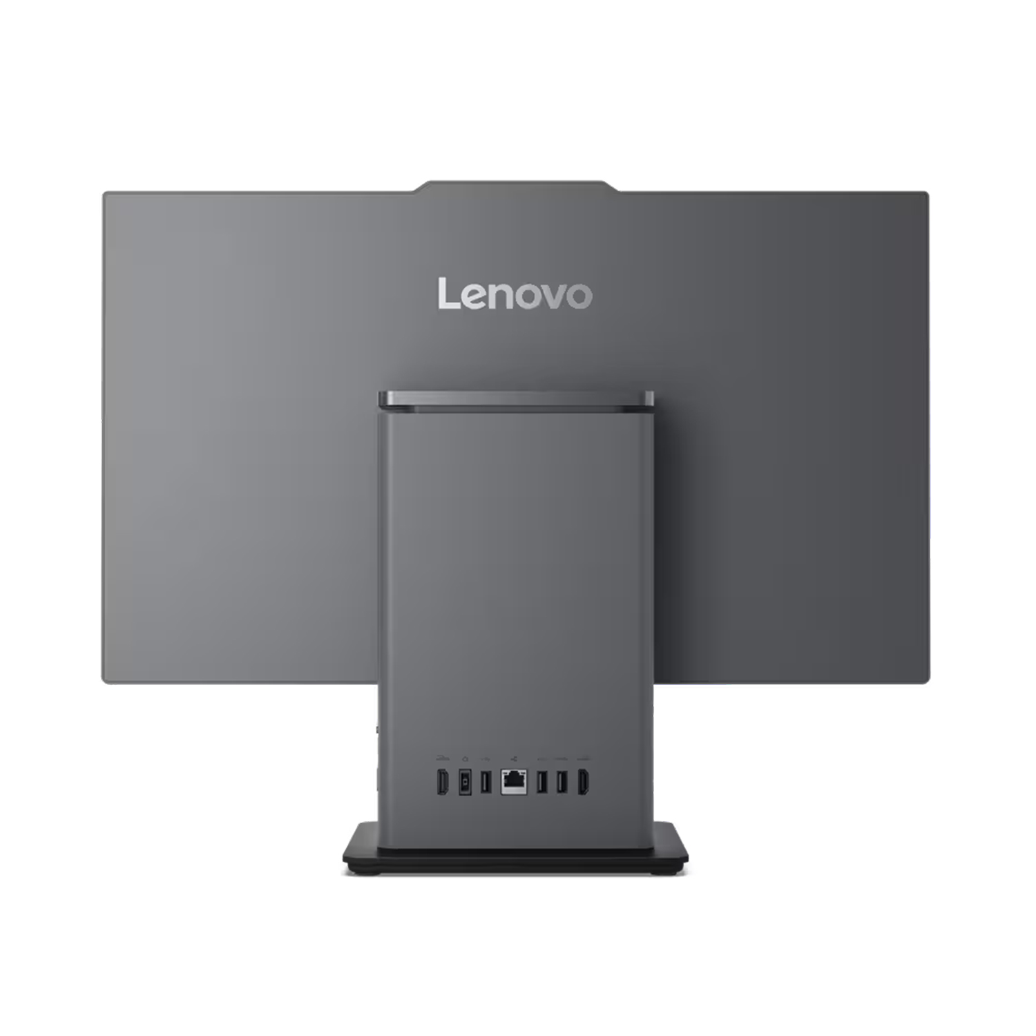 Gri Lenovo hepsi bir arada bilgisayarın arkası, bağlantı noktaları görünüyor.