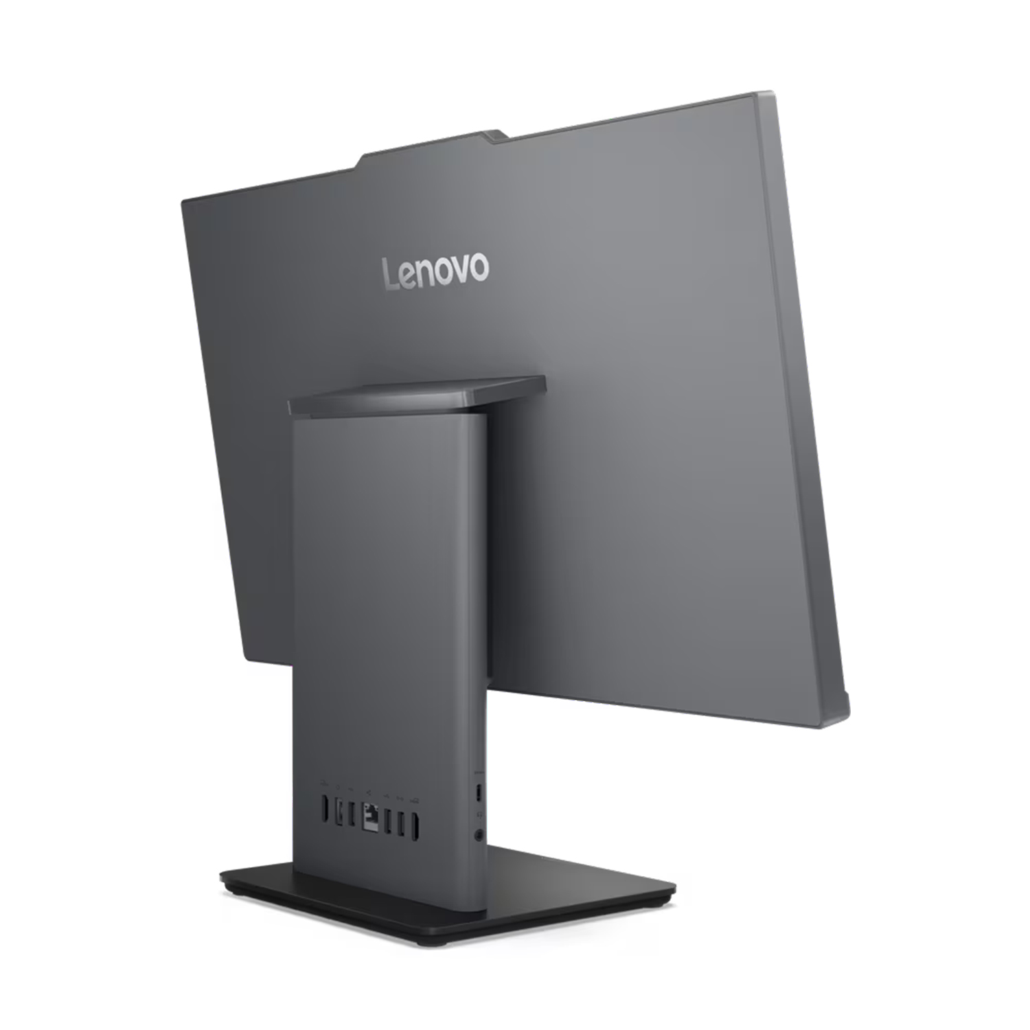 Gri Lenovo hepsi bir arada bilgisayarın arkası, bağlantı noktaları.
