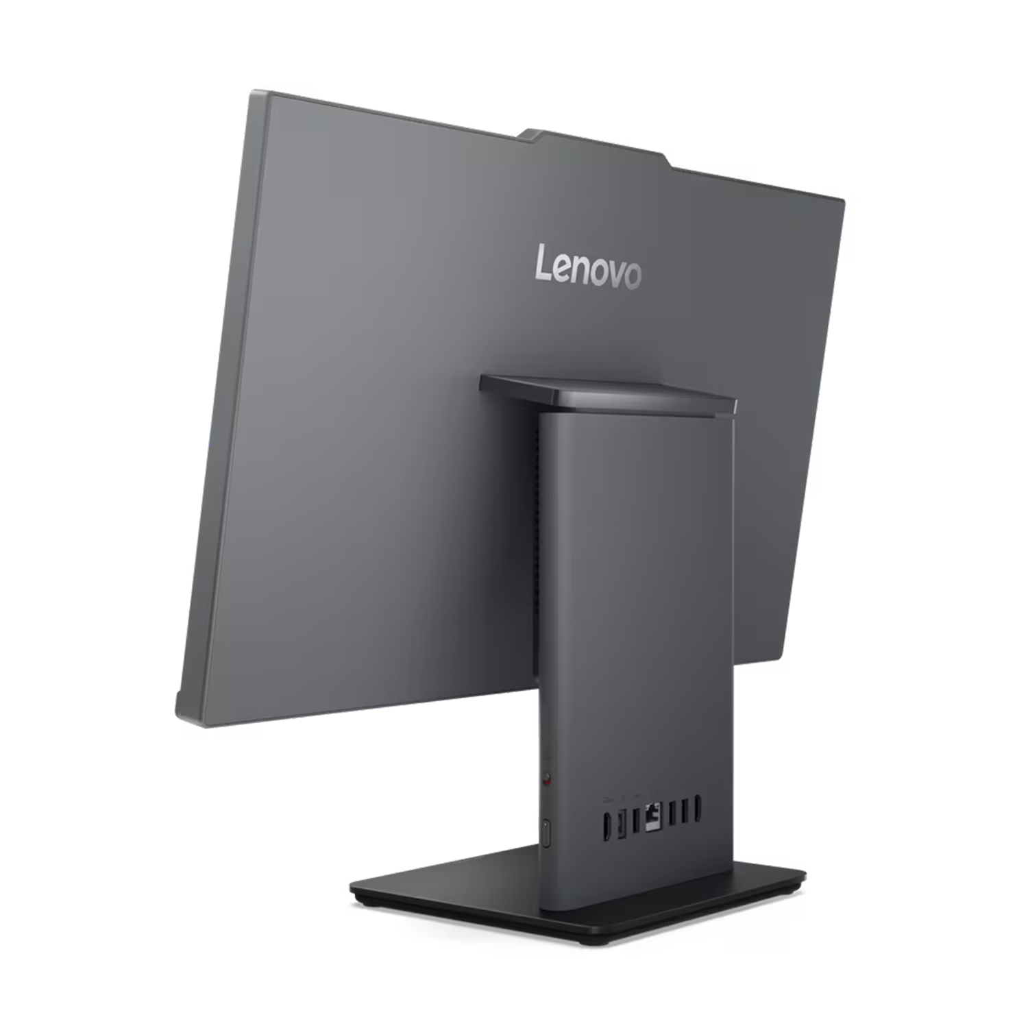 Gri Lenovo hepsi bir arada bilgisayarın arkası, bağlantı noktaları görünüyor.