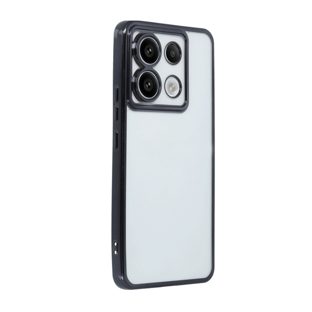 Arkada dört kamera lensi bulunan beyaz bir telefon, siyah çerçeveli.
