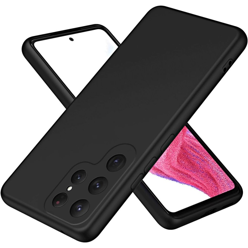 Arkada dört kamerası olan siyah telefon kılıfı, pembe ekranlı bir akıllı telefonun üzerinde duruyor.