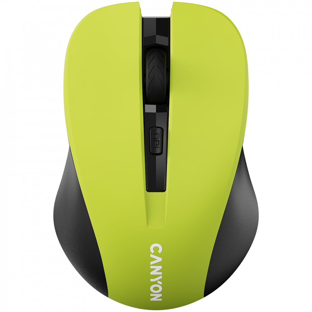 Mouse per computer verde e nero con rotellina di scorrimento e pulsante DPI.