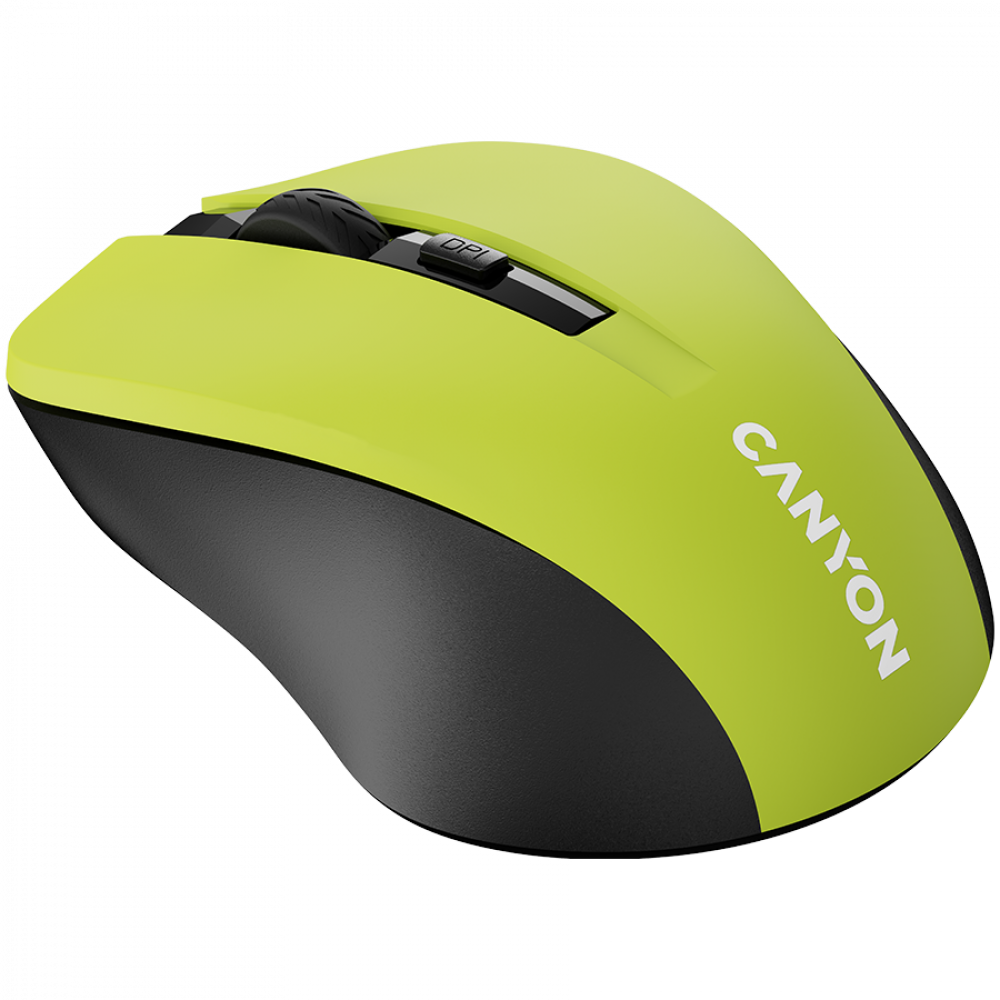 Un mouse per computer verde brillante e nero con logo CANYON.
