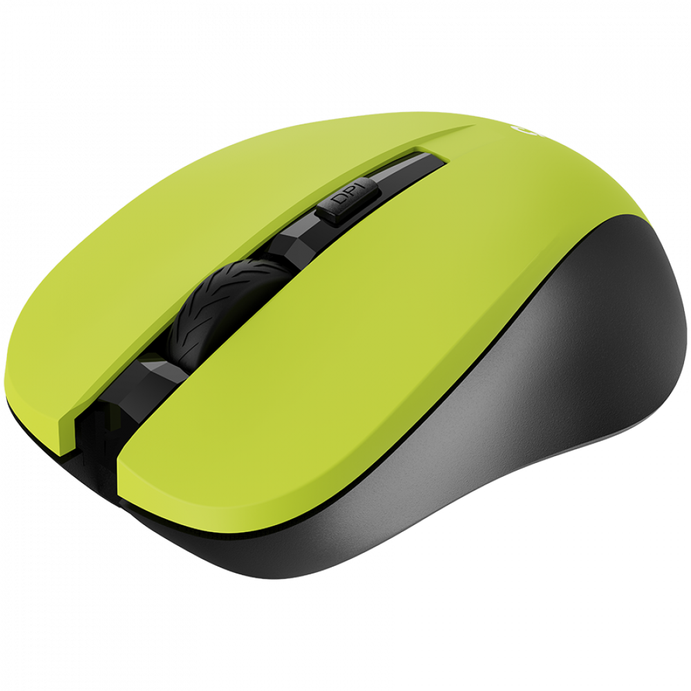 Un mouse per computer verde neon con rotella di scorrimento e pulsante DPI neri.