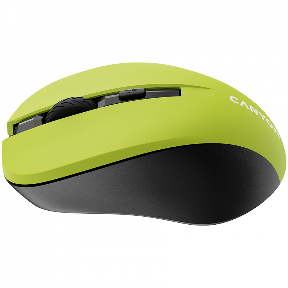 Un mouse per computer verde neon con rotella di scorrimento nera.