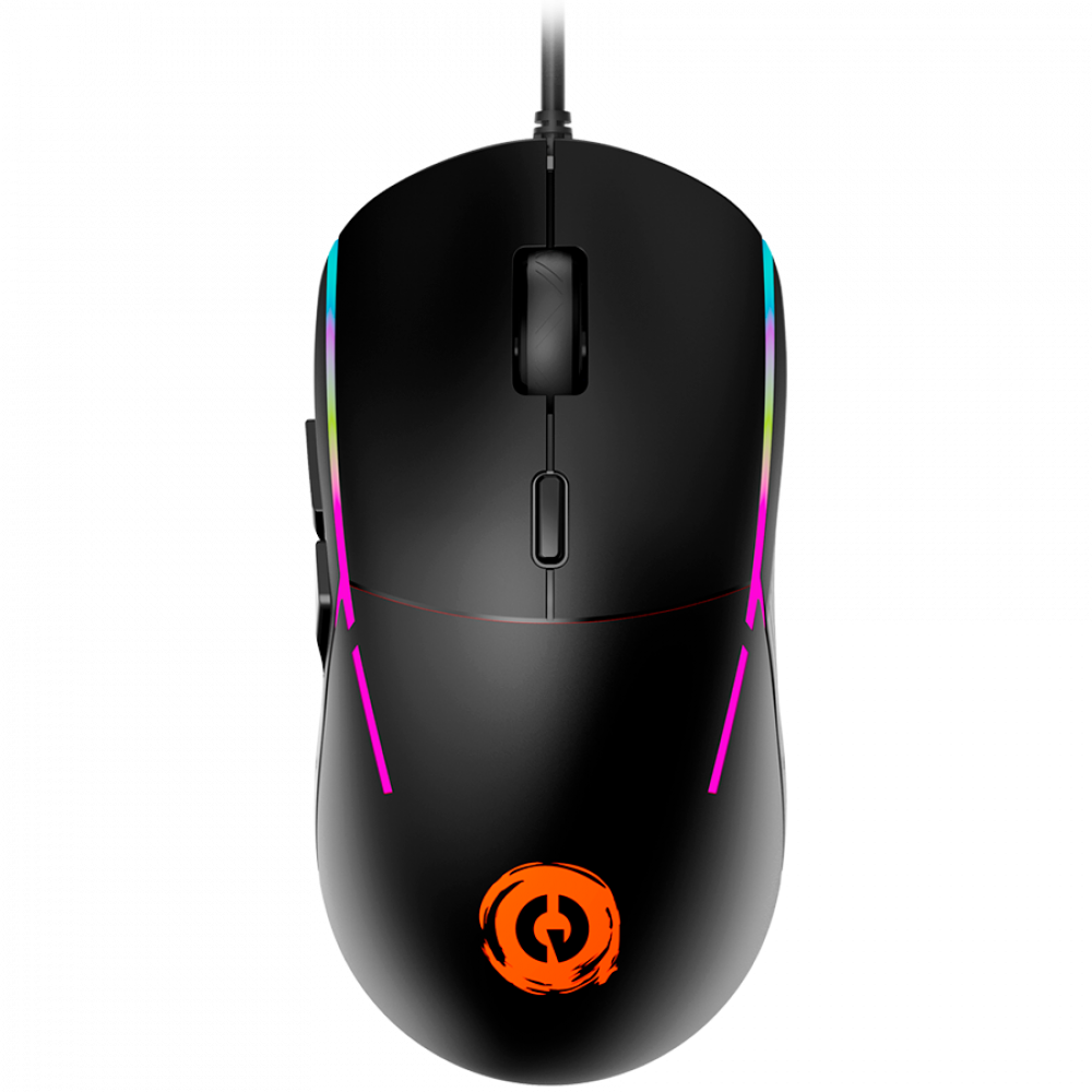 Czarna mysz gamingowa z oświetleniem RGB i pomarańczowym logo.