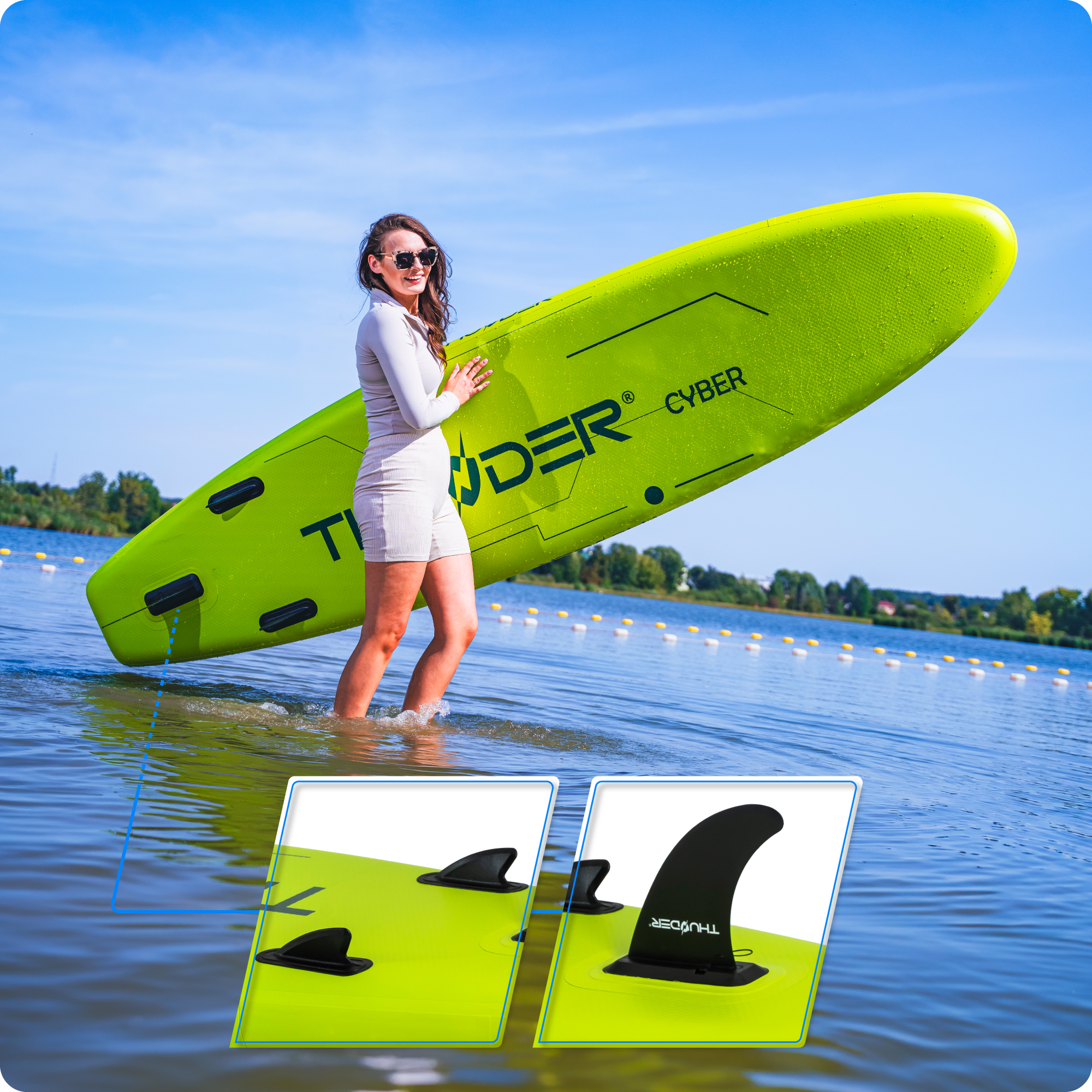 Kobieta w okularach przeciwsłonecznych niesie neonowo-żółtą deskę surfingową nad jeziorem.