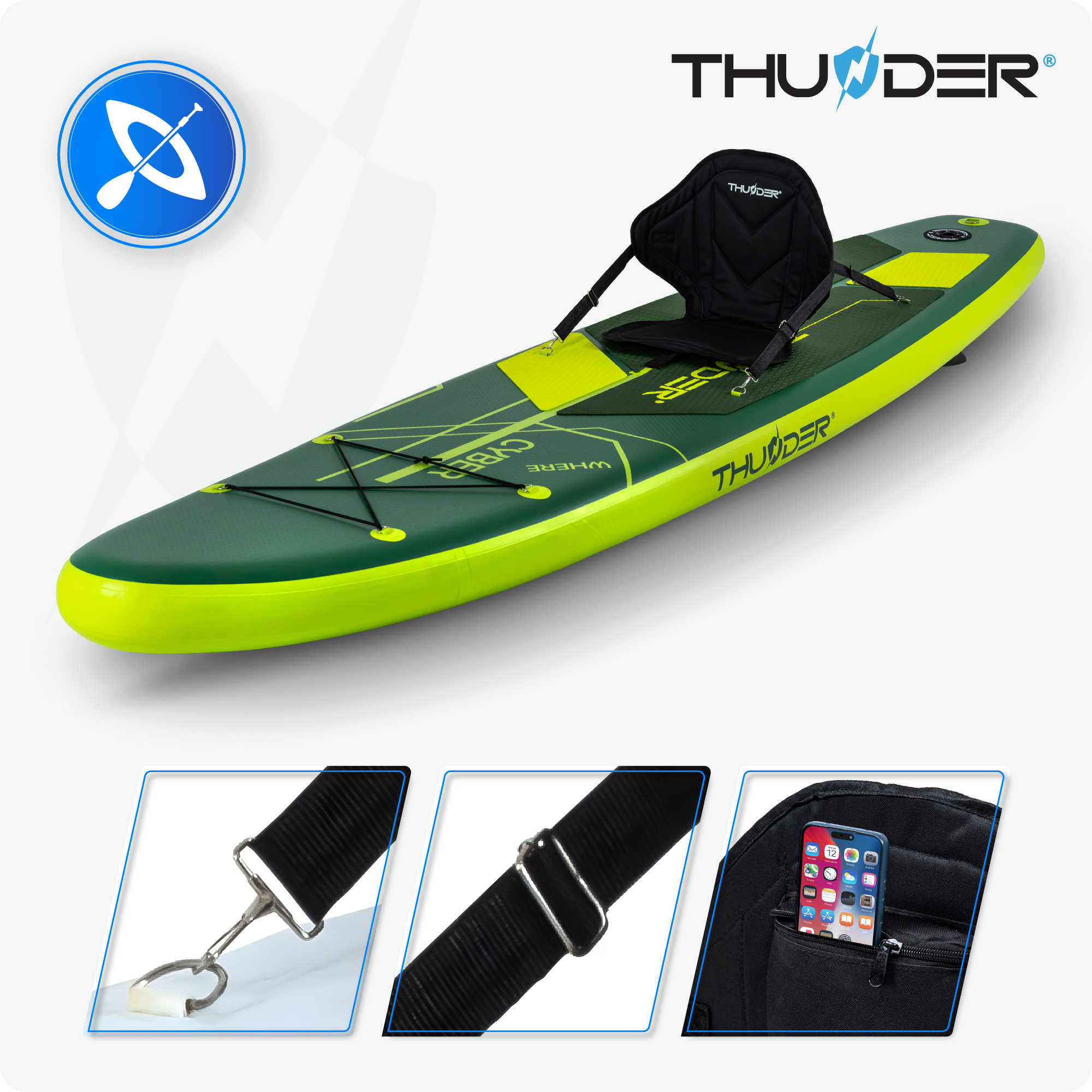 Zielono-neonowożółta deska SUP z czarnym siedzeniem i ikoną wiosła.