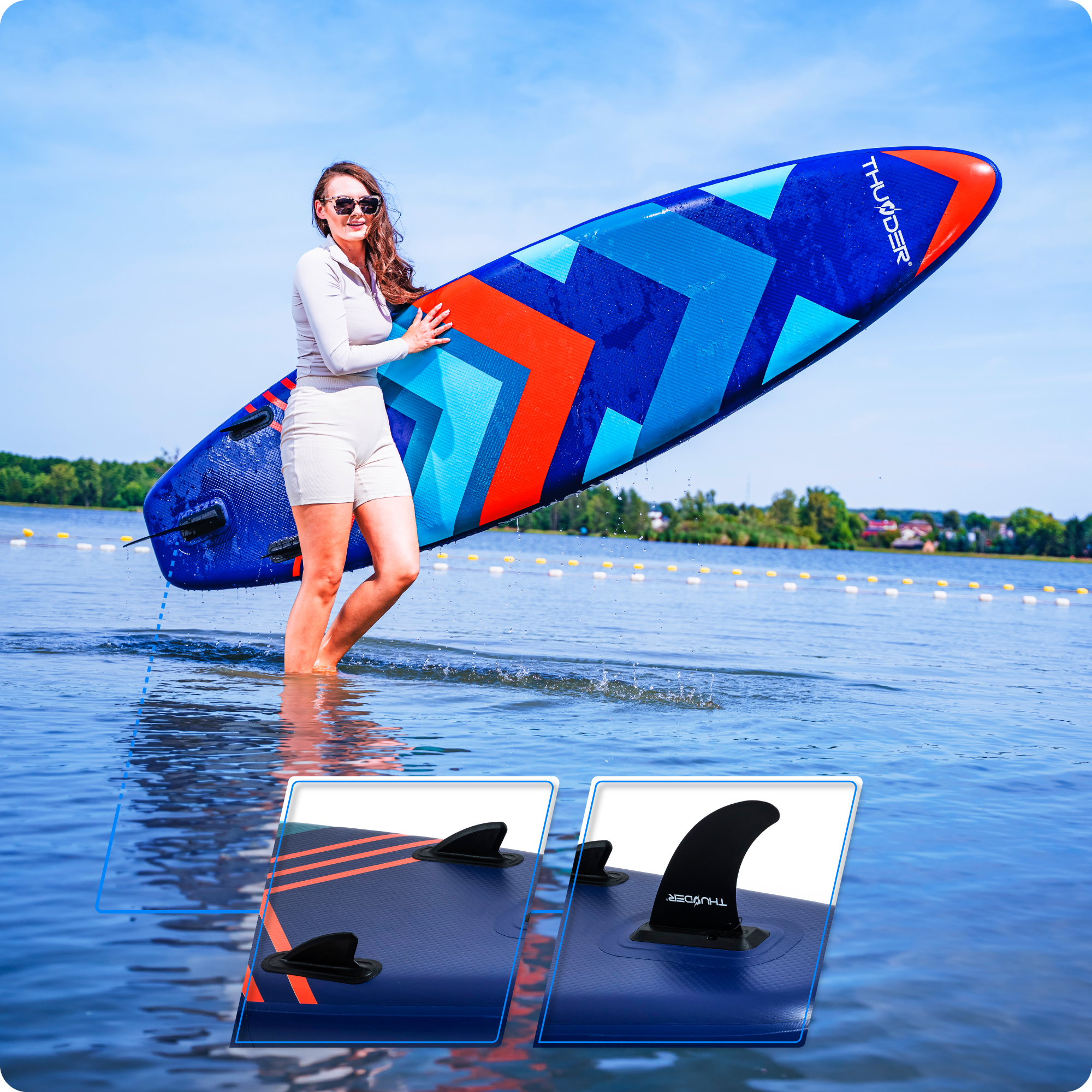 Kobieta z niebiesko-czerwonym deskorolką wodną w wodzie, zbliżenie płetw.