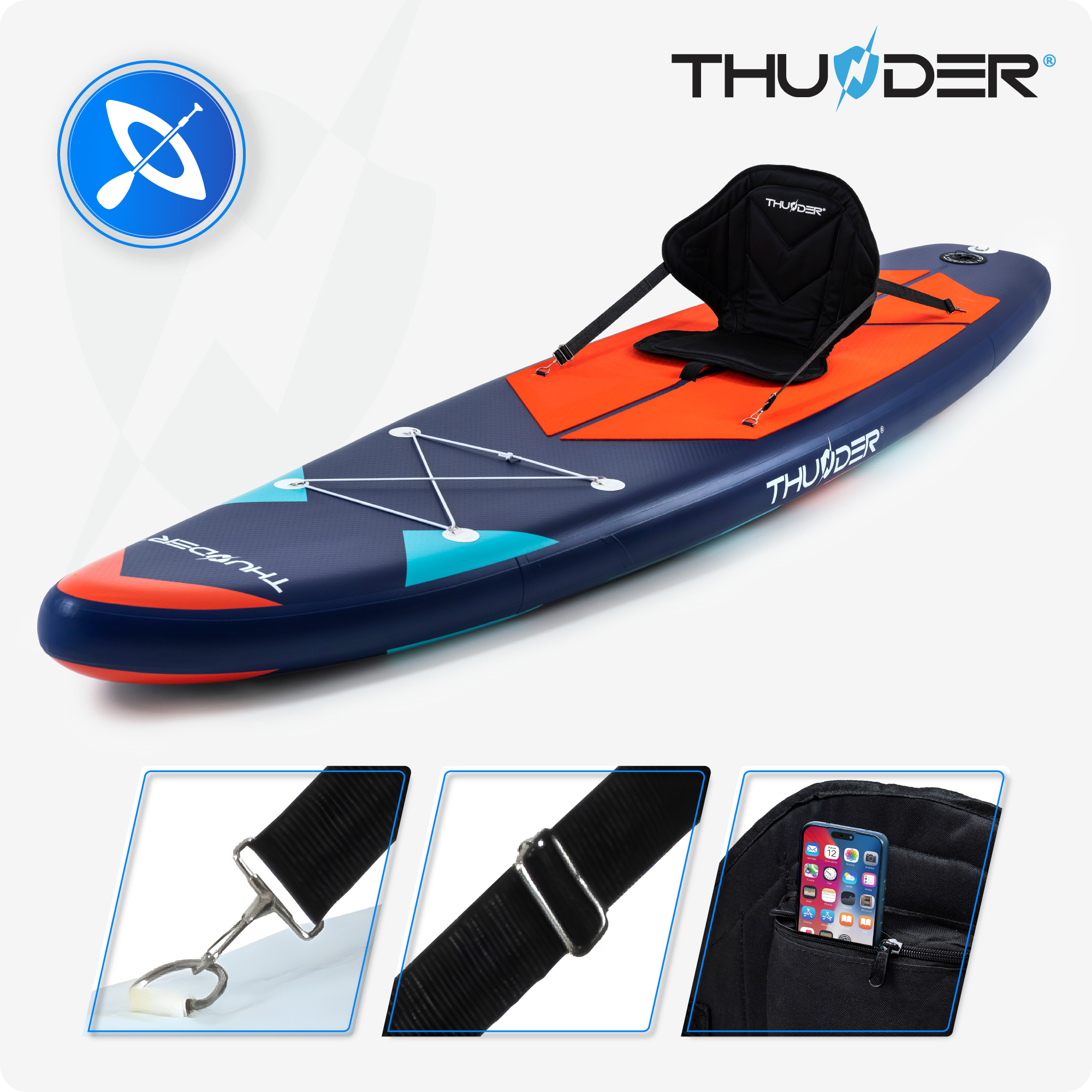Nadmuchiwany SUP z siedzeniem, klamrami i telefonem w kieszeni.